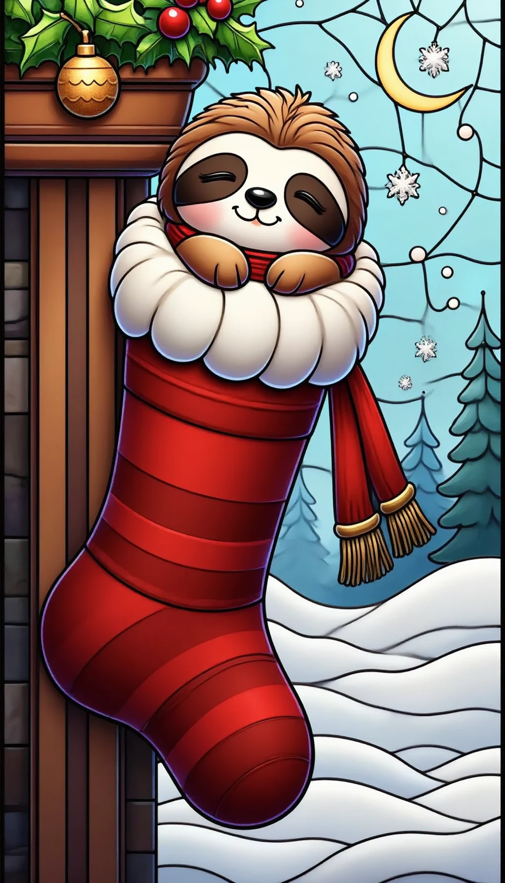 pinkchristmasstainedglass, 

A fluffy chibi sloth sleeps peacefully inside a Christmas stocking hanging by the fireplace. Its head peeks out, wearing a red scarf, with a little smile on its face as tiny snowflakes drift in through the window