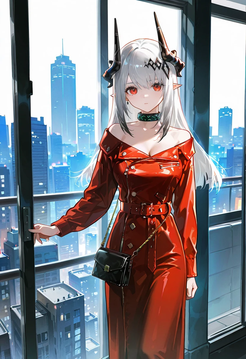 1girl,solo,looking at viewer,ikeda ruriko,duster dress, red dress, buttons, off shoulder, mudrock_(arknights), purse,city,