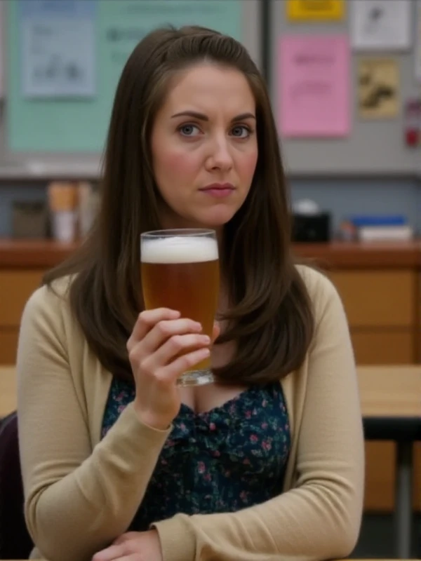 <lora:Annie Edison:0.9> annie edison, a woman holds a beer in a classroom