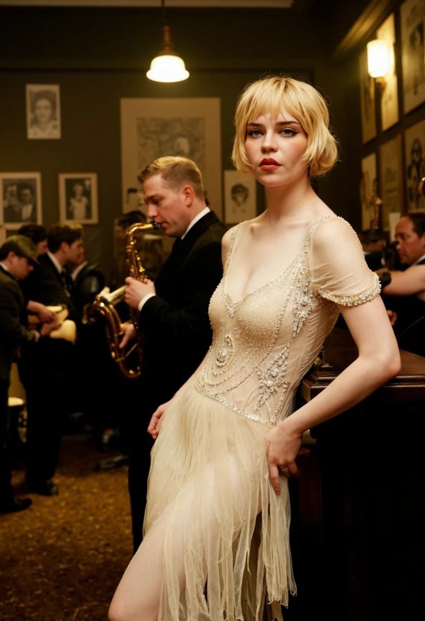 {    "T5": "A high-quality photo of Sophie Thatcher, a young woman with a pale complexion and a slim physique. She is dressed in a 1920s-inspired flapper outfit, with a flowing white evening gown that is adorned with intricate beading and sequins. The dress is knee-length and has a dropped waist, with a matching beaded belt around her waist. The sleeves are short and puffy, with a slight bell shape at the wrist.\n\nShe has shoulder-length bob cut blonde hair with dark roots, and bangs that cover her forehead. Her hair is styled in a sleek, low bun at the back of her head, with a few loose strands framing her face. Her eyes are a deep shade of brown, and her eyebrows are thin and arched. She has a small nose and full lips that curve upwards in a gentle smile.\n\nThe setting is a dimly lit, smoke-filled jazz club in the 1920s. The walls are adorned with vintage posters and old photographs, and the floor is covered in a thick layer of sawdust. The air is thick with the smell of cigarette smoke and perfume. In the background, a live jazz band is playing a lively tune, with a saxophonist soloing on stage.\n\nThe art style is reminiscent of the 1920s, with a nod to the works of photographers such as Dorothea Lange and Berenice Abbott. The lighting is warm and golden, with a subtle focus on the subject's face and figure. The camera used is a large-format camera, such as a Deardorff or a Graflex, with a soft-focus lens and a shallow depth of field.\n\nThe overall mood is one of elegance and sophistication, with a hint of naughtiness and rebellion. Sophie is posed in a relaxed, natural way, with her hand resting on the back of a nearby chair and her eyes gazing out into the crowd. Her expression is one of quiet confidence and self-assurance, as if she is a woman who knows she is exactly where she is meant to be.",    "CLIP": ["1920s", "flapper", "jazz club", "smoke-filled", "vintage", "posters", "photographs", "saxophonist", "live music", "elegance", "sophistication", "naughtiness", "rebellion"] }