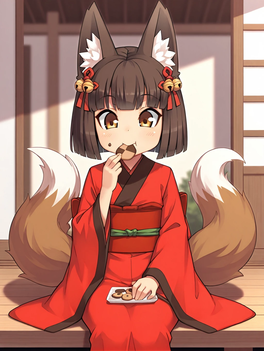 1girl, Kamuro, brown hair, short hair, fox ears, hair accesory, bells on hair, yellow eyes, 2 fox tails, two tails, (multiple tails:0.5), red kimono, wide sleeves, sash,

sitting, looking at cookie, eating cookie, happy, sitting, japanese village,

masterpiece, best quality,amazing quality, very aesthetic, absurdres, depth of field, blurry background, extremely detailed face, detailed eyes