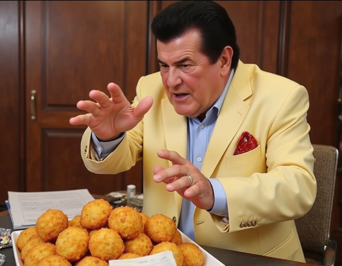 A photo of Peter Popoff healing the McNuggets with one hand.