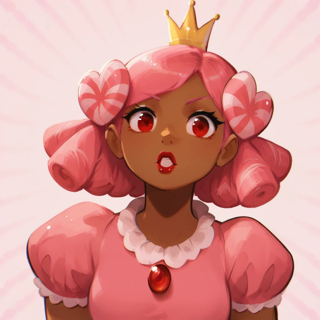 score_9_up, score_8_up, BREAK, PrincessCookie, 1girl, solo, pink hair, red eyes, crown, lipstick, dark skin, pink dress, upper body, , striped background, arms at sides, <lora:PrincessCookie_PXL_Leaf4:0.8>