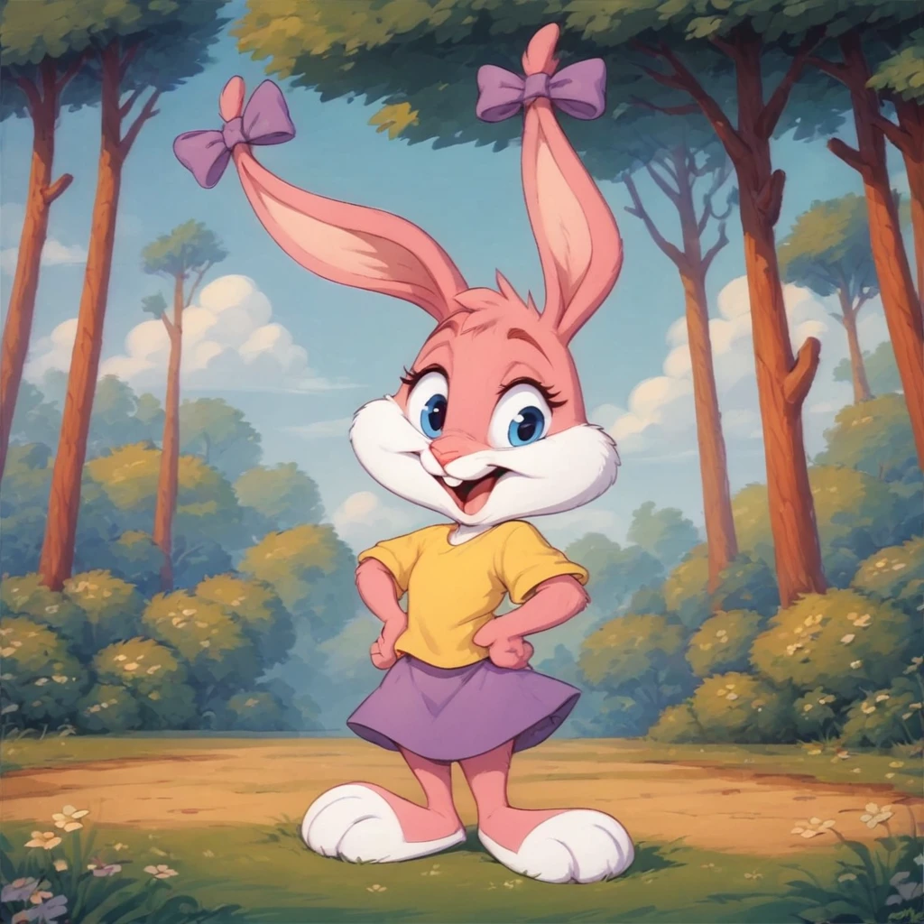 score_9, score_8_up, score_7_up, score_6_up, score_5_up, score_4_up, rating_suggestive
<lora:BabsBunnyOr6:0.8>, Babs, bunny, girl, blue eyes, pink nose, pink body, white tail, yellow T-shirt, purple skirt, purple bows on the ears, standing, mouth open, hands on waist, Small body, dwarf, in the forest