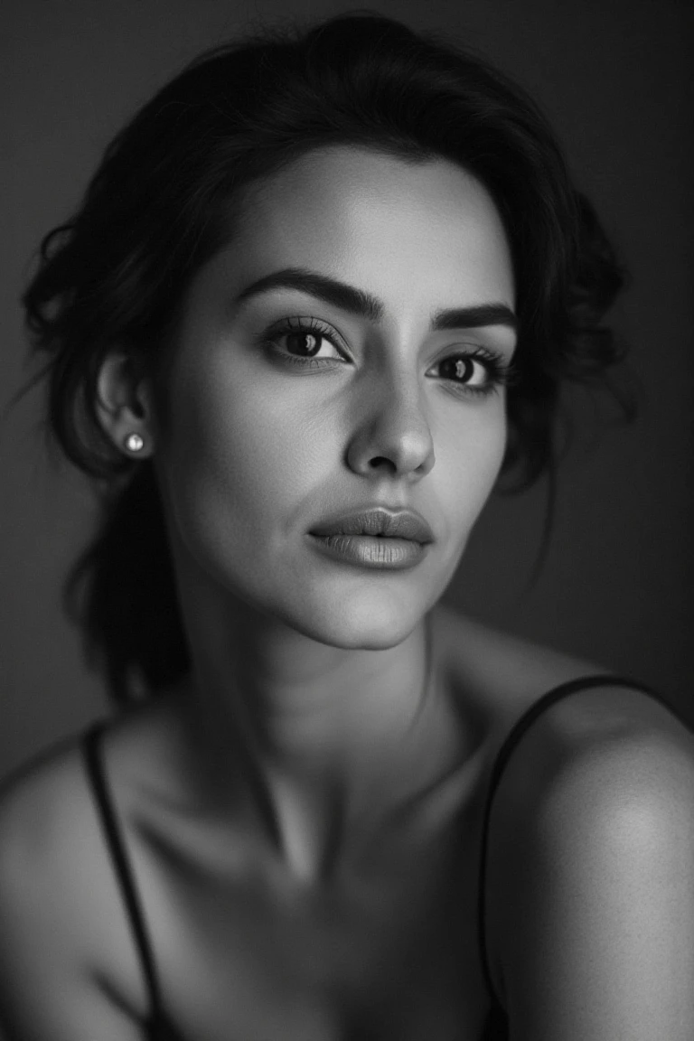 portrait inspired by Peter Lindbergh's photographic style of priyaflx, a woman looking directly into the camera with an intimate and deep expression. dark brown eyes. ** Lighting ** must be soft and natural,avoiding exaggerated perfection,and focusing on capturing the human essence and the natural beauty of women. Shadows and lights should accentuate the lines and textures of the face,highlighting its emotional and vulnerable expression. The woman's face is devoid of makeup or a very subtle touch,highlighting the authenticity and imperfection that Lindbergh valued in his portraits. The ** precise details ** include a deep look,with eyes that convey history,strength and fragility at the same time. The expression on her lips is relaxed,with a slight separation that adds a touch of naturalness and spontaneity. The texture of your skin,with all its small imperfections,pores and subtle wrinkles,should be faithfully captured,enhancing the real beauty without touch-ups or filters. The ** fundo ** is simple and out of focus,typically neutral,with shades of gray that do not distract attention from the face. The image uses minimal depth of field,with an absolute focus on the woman's face and the rest in a gentle blur. Black and white should be full of soft contrasts,but without losing the delicacy of the shadows,creating a raw,emotional and living environment. Make sure the image ** conveys a sense of humanity,authenticity and emotional connection **,key features of Peter Lindbergh'******. The woman must appear strong but accessible,showing her beauty without the need for ornaments,with a direct connection between her gaze and the viewer. ** Additional items ** are minimal,with all the attention on the woman's face and expression.