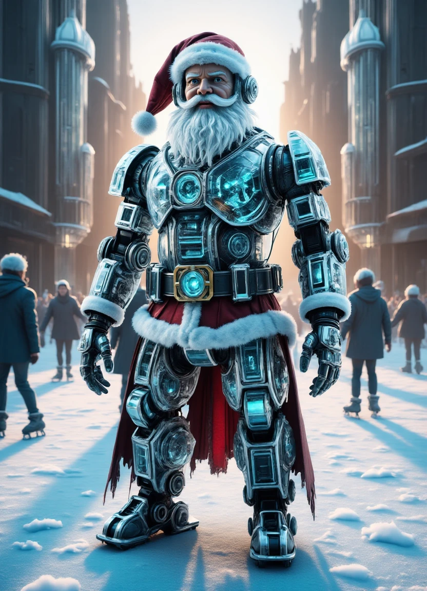 A futuristic, cyberpunk-inspired Santa Claus character made from a mixture of frosty glass shards and sparkling digital circuitry, surrounded by vibrant ribbons, with a sense of Hollywood glamour, standing amidst a serene winter wonderland scene of people ice skating on a frozen pond, bathed in warm glow of hollywood vanity lights, with the atmosphere evoking feelings of gratefulness and thankfulness for the magic of Christmas.