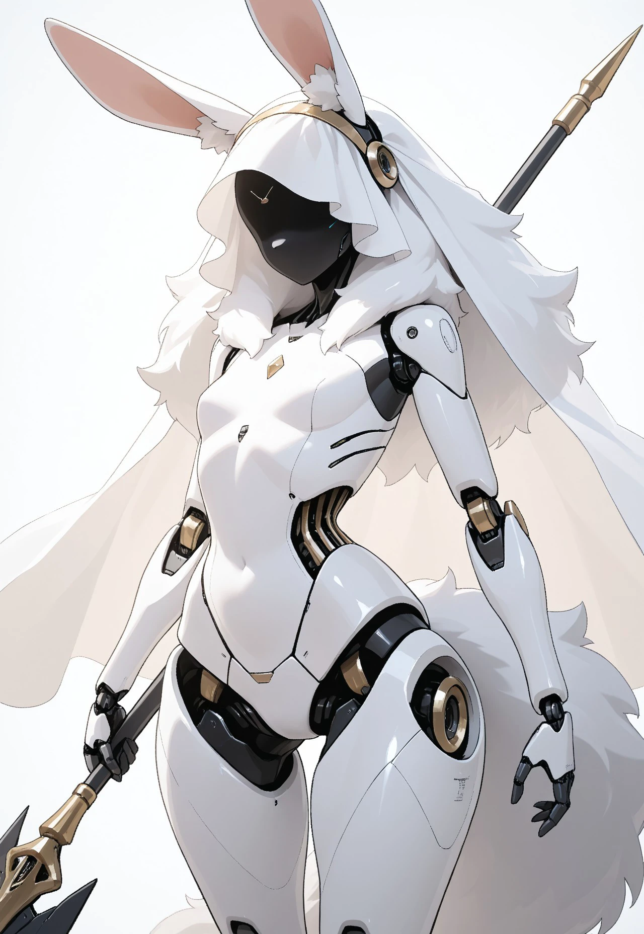 masterpiece, raw, best quality, highres, solo, Sent1nel, Faceless, Android, Veil, rabbit ears, white body, furry, fluffy, holding spear 