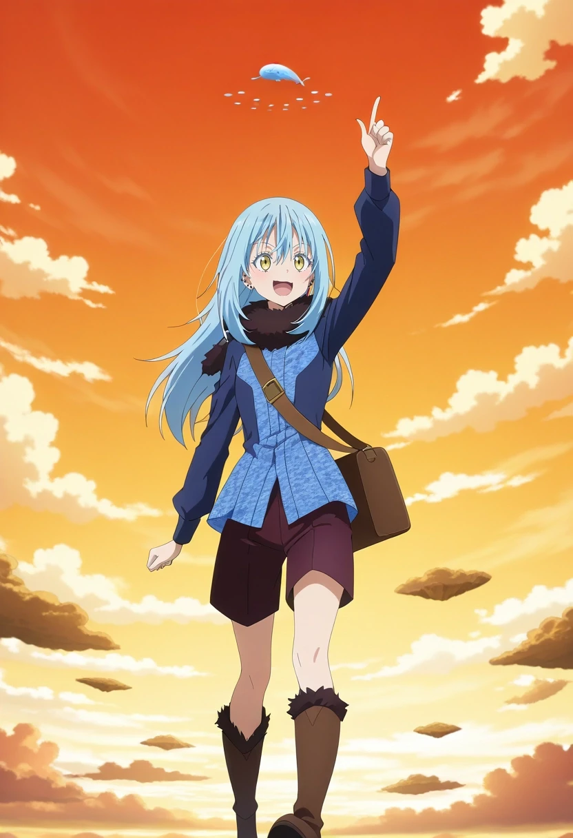 masterpiece, best quality, , anime screencap, , official style, , , 1girl, solo, <lora:rimuru_tempest_ilxl:0.94>, rimuru_tempest, blue hair, yellow eyes, long hair, bangs, hair between eyes, fur trim, sky whale pod, floating islands, cloud formations, observation point, pointing up, excited expression, golden hour, Tailored board shorts, Rosewood Leopard print Western shirt, Chukka boots, , Travel Bag and andlip Piercings|,