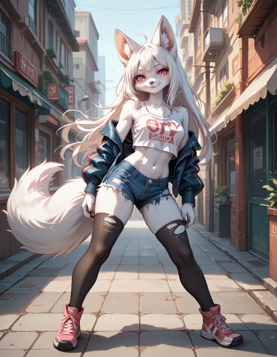score_9,score_8_up,score_7_up,
outdoors,city,
full body,seductive smile,parted lips,long eyelashes,pose,
denim shorts, torn thighhighs, crop top,denim jacket, 
<lora:Kytsune_v01_PDXL:1>,Kytsune,1girl,solo,furry female,fox girl,fox ears,animal ear fluff,fox tail,white hair,long hair,pink eyes,body fur,white fur,snout,animal nose,
<lora:add-detail-xl:1>,