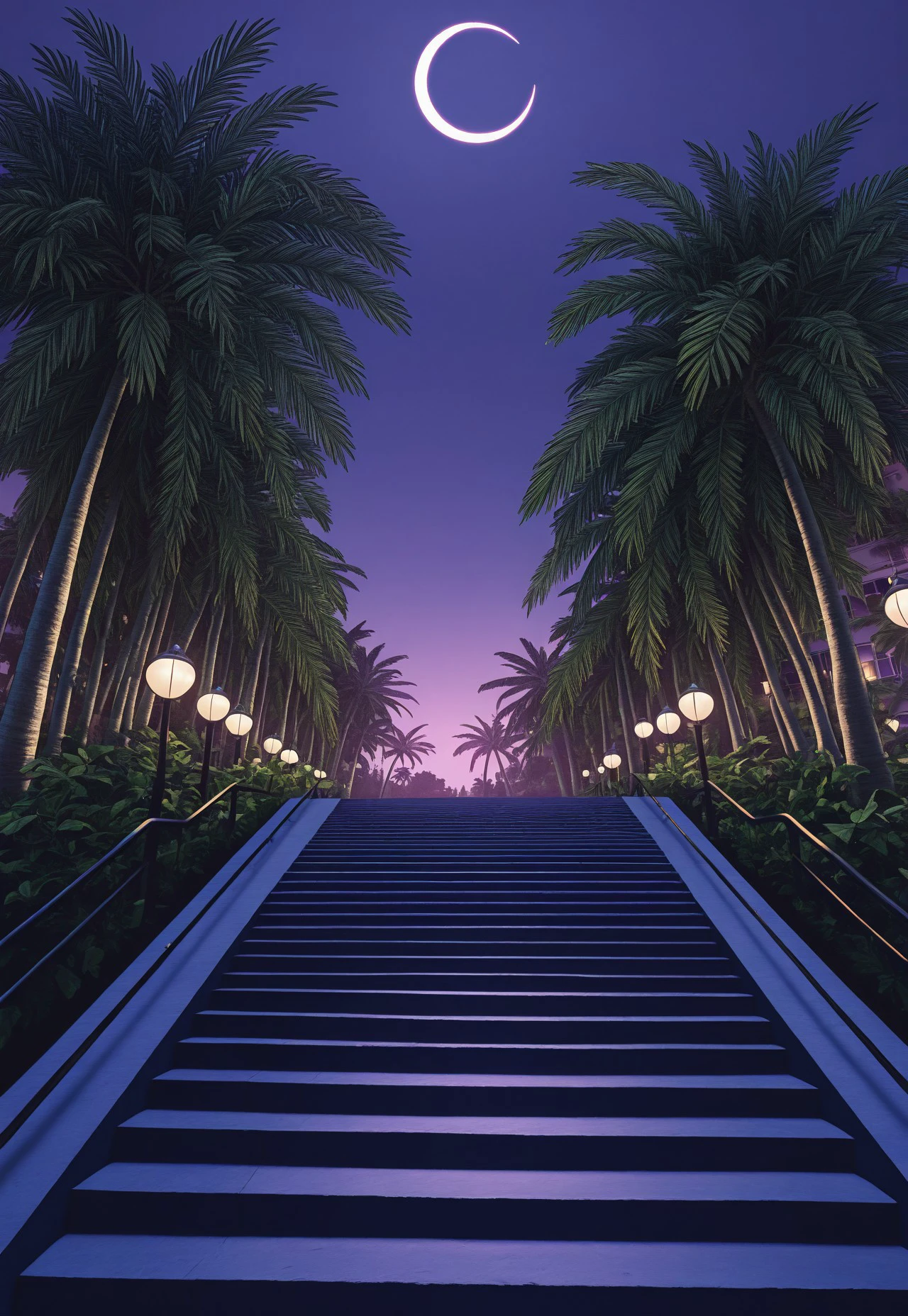 masterpiece, newest, absurdres, best quality, Versabg, tree, no humans, palm tree, crescent moon, outdoors, scenery, moon, sky, building, night, purple sky, lamppost, shadow, stairs, sunset