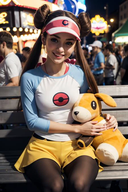 rosa_pokemon, visor, long brown hair, hair buns, twintails, blue eyes,raglan sleeves, long sleeves, yellow shorts, black pantyhose, looking at viewer, smiling, happy, mouth open, sitting, on bench, holding large stuffed animal, outside, carnival, crowd, neon lighting, high quality, masterpiece,  <lora:rosa_pokemon:.8>