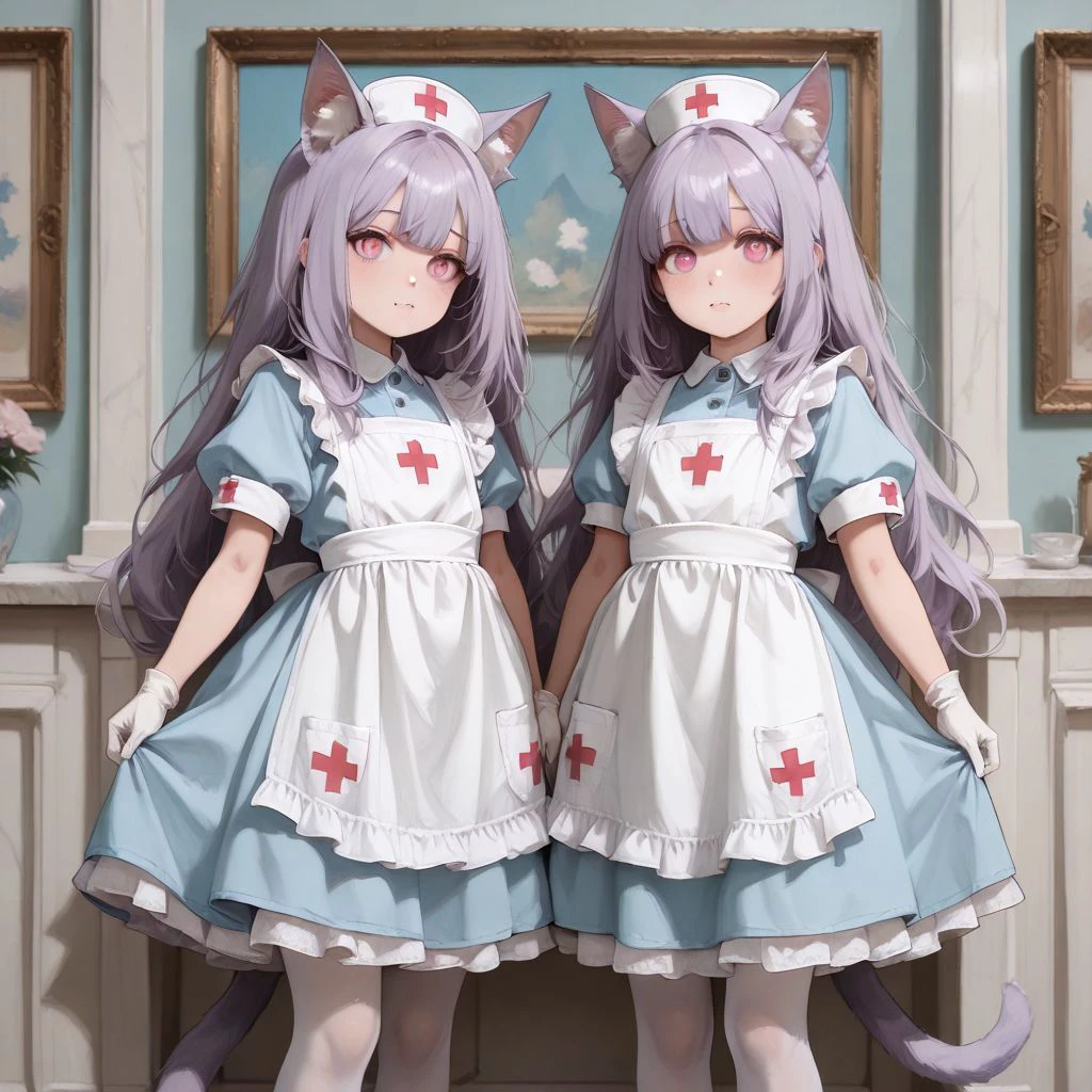 masterpiece, highres, absurdres, newest, very awa, painting \(medium\), (flat color:1.1),   2girls, twins, cat ears, animal ear fluff, purple hair, pink eyes, nurse, white apron, blue dress, white pantyhose, white gloves, feet out of frame,
<lora:IL_grolaprod_wed008:0.3>