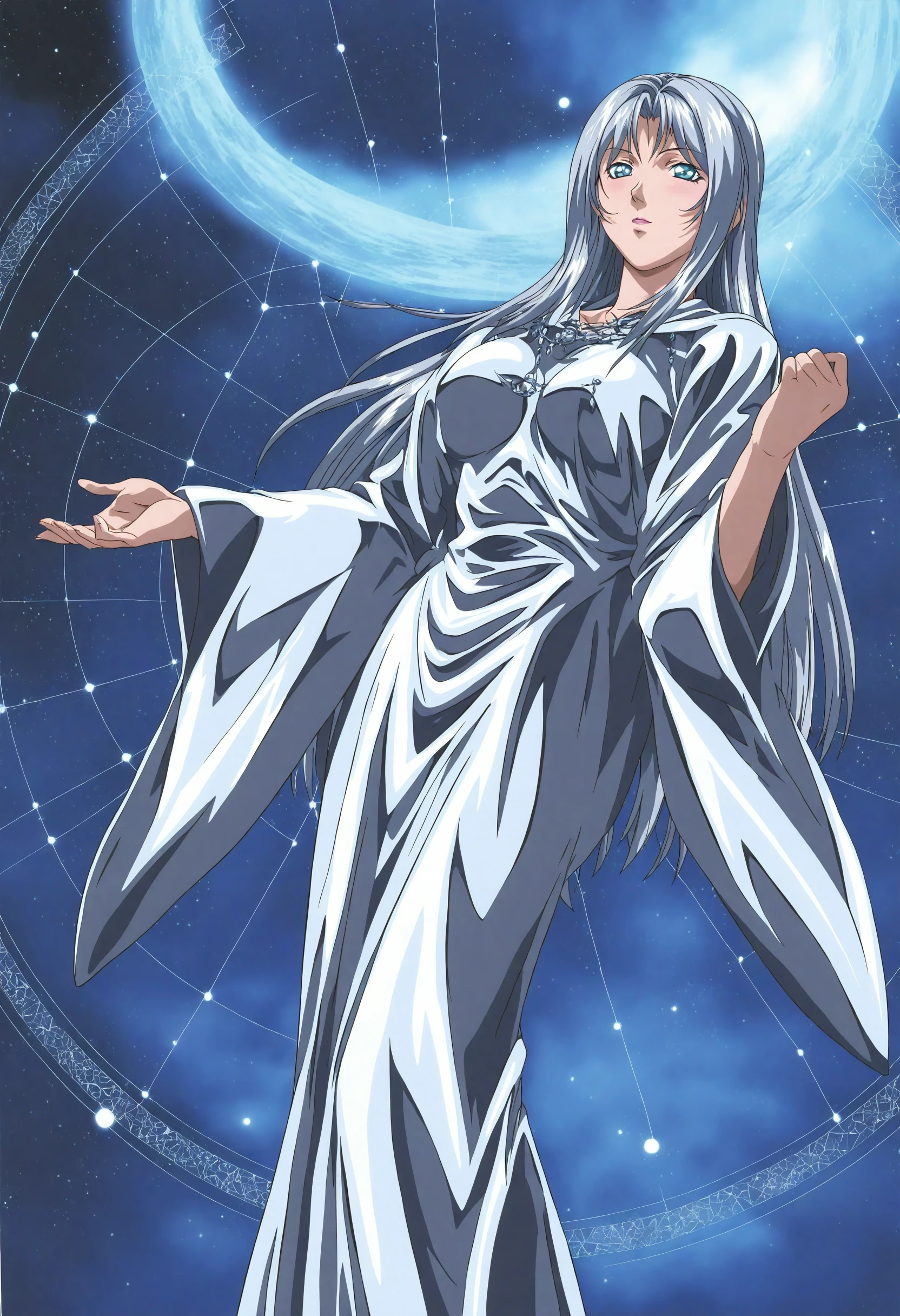 <lora:Bible Black - [Style] - illustriousXL v1:1>, sysdeep_bbstyle, 1girl, solo, glowing silver robe, summoning star-like particles, intricate constellations forming magical patterns in the air,