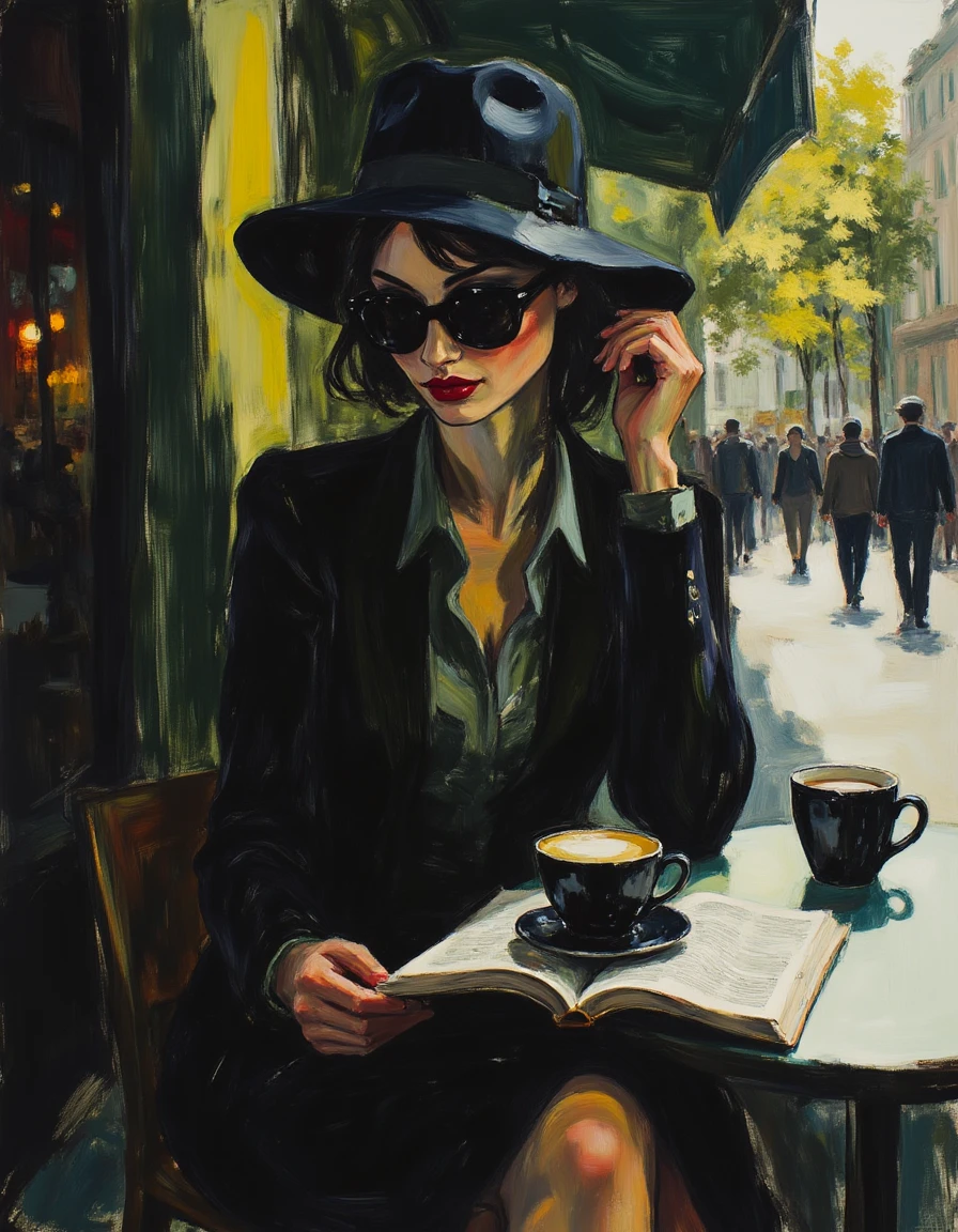 m0d3rnstr0k3s  A mysterious woman in a wide-brimmed hat and dark sunglasses sits at an outdoor cafÃ©, sipping coffee. Sheâs reading a newspaper, but her eyes occasionally flicker to the street, as if expecting someone. Her posture is elegant, but her presence is enigmatic
<lora:Modern_Strokes:0.9>