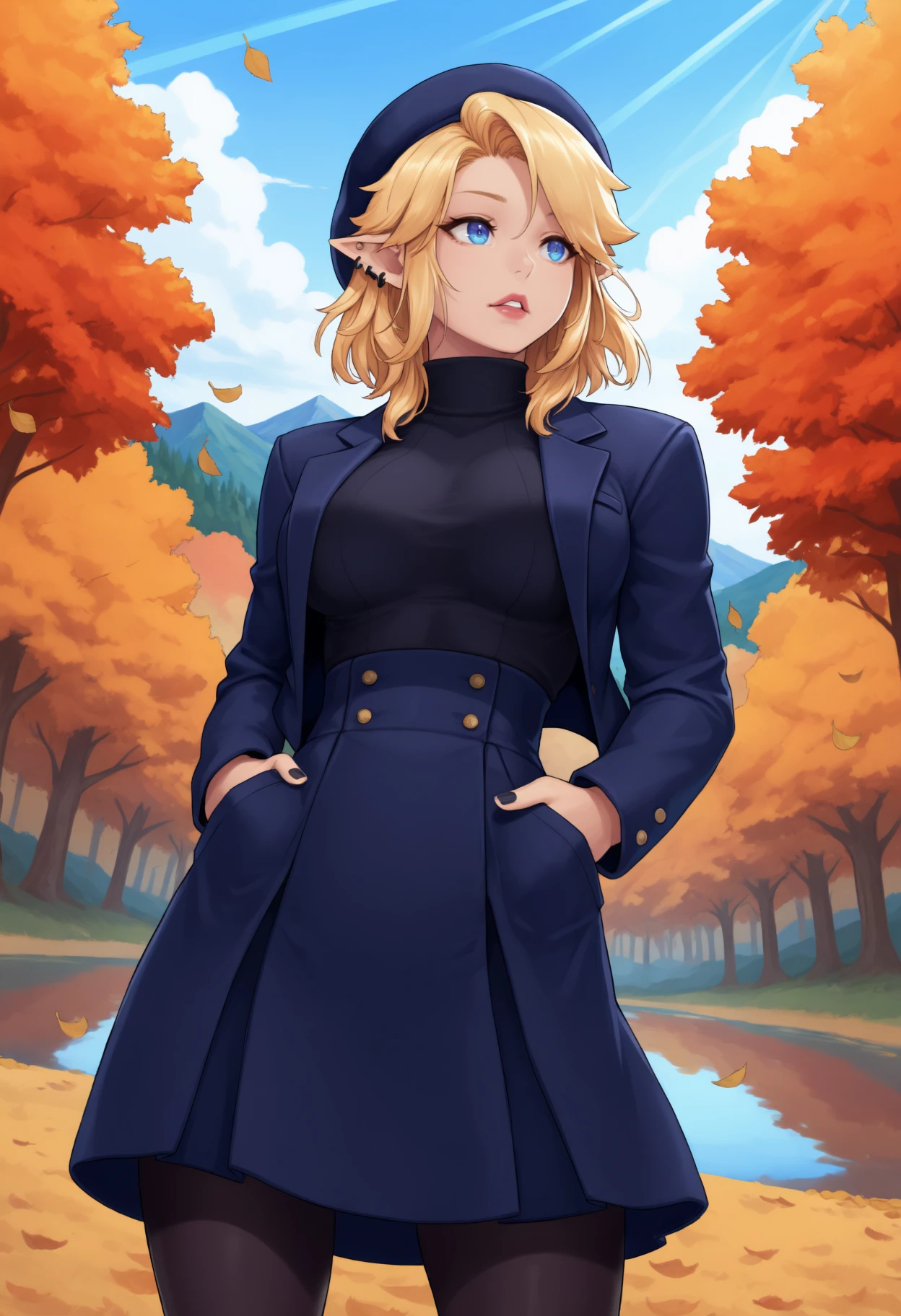 masterpiece, best quality, 1girl, pointy ears, blue eyes, ear piercing, blonde hair, medium hair, large breasts, nail polish, fit, 
beret, blazer, turtleneck, high-waist skirt, pantyhose,
looking away, hands in pocket, blazer pockets, parted lips,
outdoors, sky, clouds, autumn, lake, tree, mountain, (falling leaves, floating leaves:1.2), light trail, sunbeam, wind, dutch angle, 
<lora:Sassy-Ronindude-NoobAi-1.1_V1-Manityro-CAME:1.0>