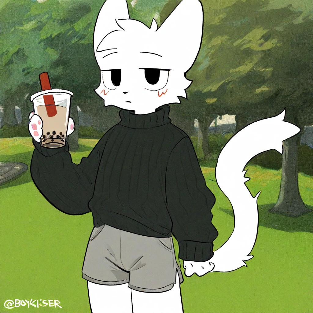 (2024, very aesthetic, newest, best quality, masterpiece), boykisser, solo, furry, cat, white fur, black eyes, black sweater, gray shorts, holding, bubble tea, park, park background