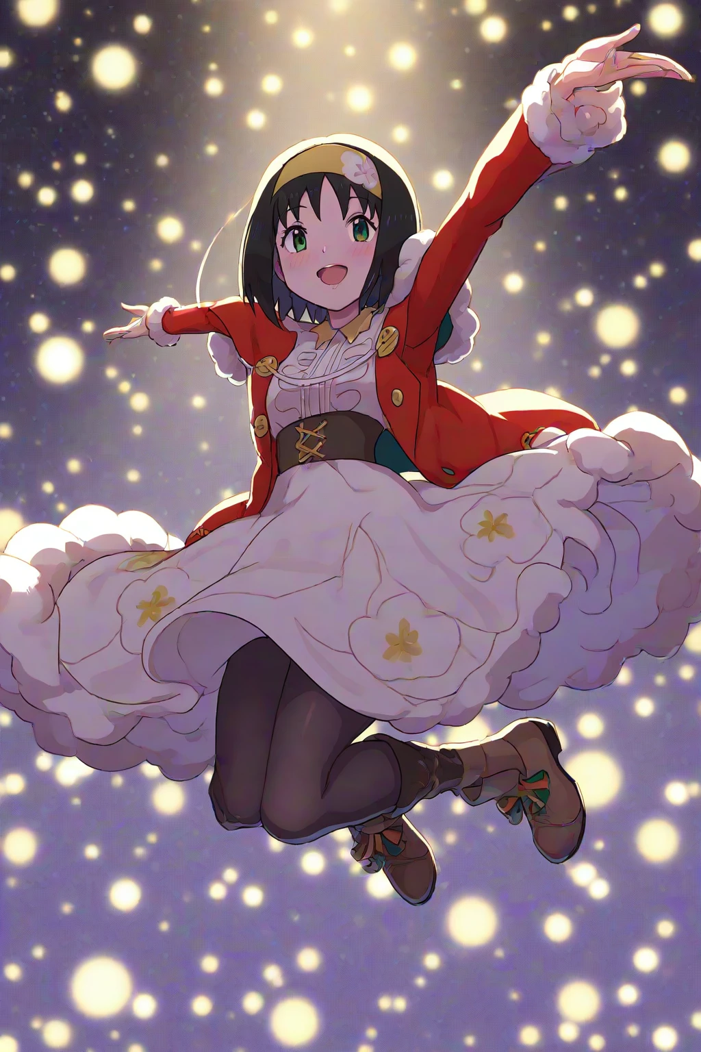 leveen, (1girl, solo,), jumping, full_body, close-up, stars, hearts, christmas_background, smiling, blush, holerika, erika_\(pokemon\), black_hair, short_hair, bangs, hairband, yellow_hairband, long_sleeves, official_alternate_costume, dress. white_dress, jacket, red_jacket, floral_print, long_dress, pantyhose, black_pantyhose, brown_footwear, masterpiece,best quality,amazing quality,very aesthetic,high resolution,ultra-detailed,absurdres,newest,volumetric lighting