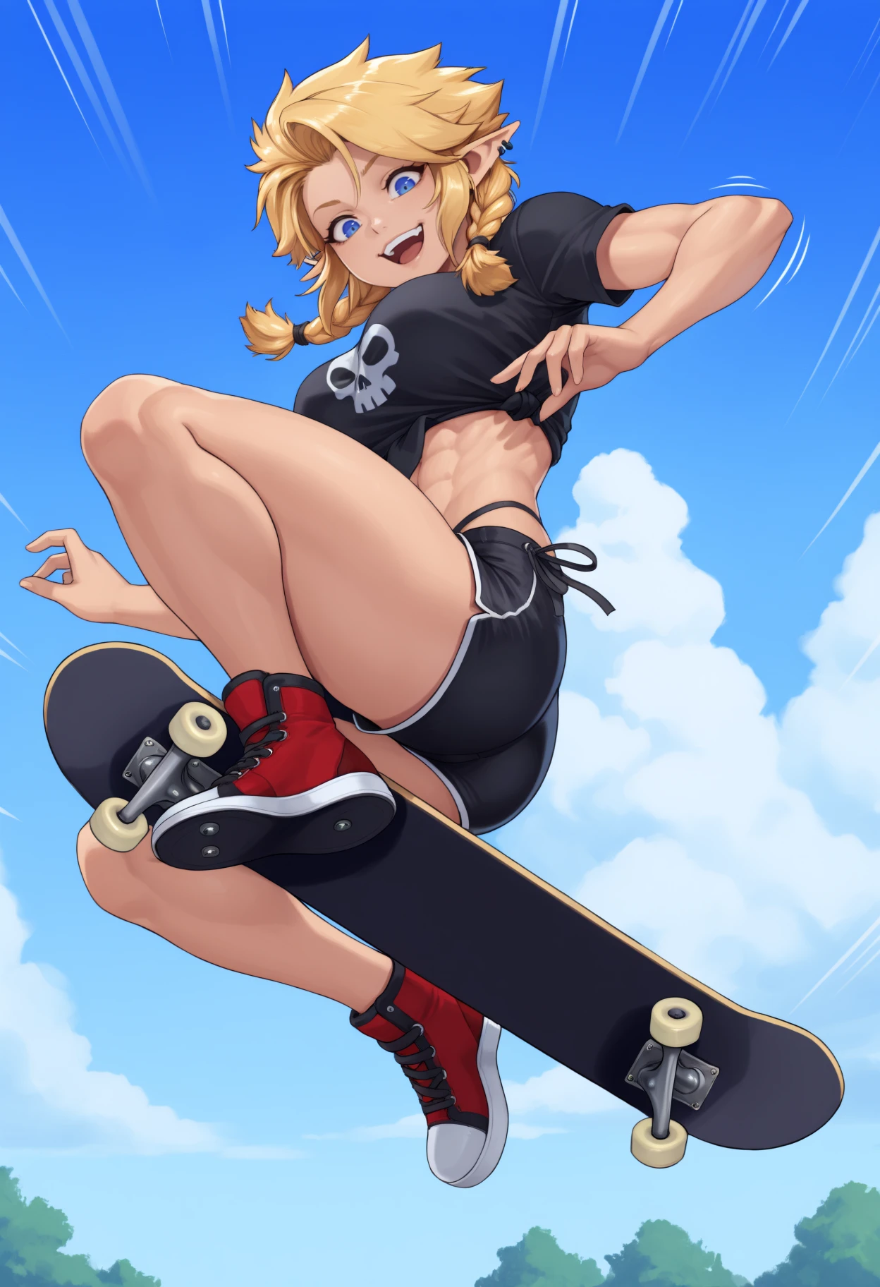 masterpiece, best quality, 1girl, pointy ears, blue eyes, ear piercing, blonde hair, short hair, twin braids, large breasts, toned, 
black t-shirt, side-tie shirt, crop top, skull print, print shirt, black highleg panties, black shorts, demin shorts, hot pants, red sneakers,
looking at viewer, looking down, smile, open mouth, pink skateboard, skateboarding, riding skateboard, midair, motion lines, speed lines, rear view, 
outdoors, blue sky, clouds, day, 
<lora:Sassy-Ronindude-NoobAi-1.1_V1-Manityro-CAME:1.0>