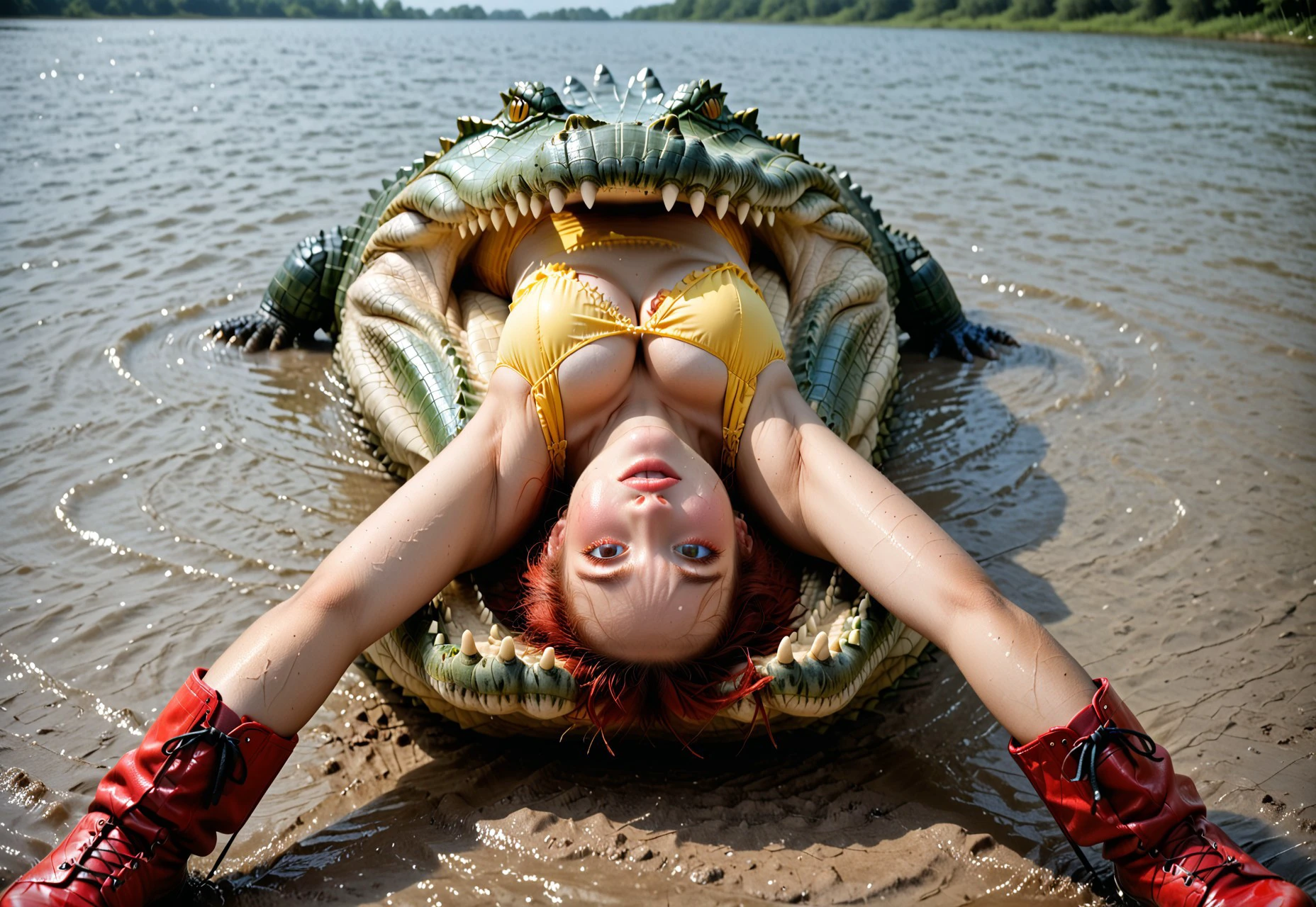 safe_pos, window, red boots, red gloves,painting (medium), cleavage, photo inset, yellow swimsuit, bdsm, upside-down, red hair, crocodile attacking from under. crocodile devouring woman. woman head is not visible inside the crocodile, only her torso and legs are out of crocodile's mouth
,
(masterpiece), (64k), intricate details, (highly detailed), photorealistic, cinematic lighting, shading, (best quality), absurd, (ultra high-resolution), ultra-detailed, cgi, (lineart), (depth of field), light particles, (hyper detailed), elaborated features, (volumetric lighting),crocodile, aligator, vore, violent, devour,Dawn, superheroine
 attacking, offering