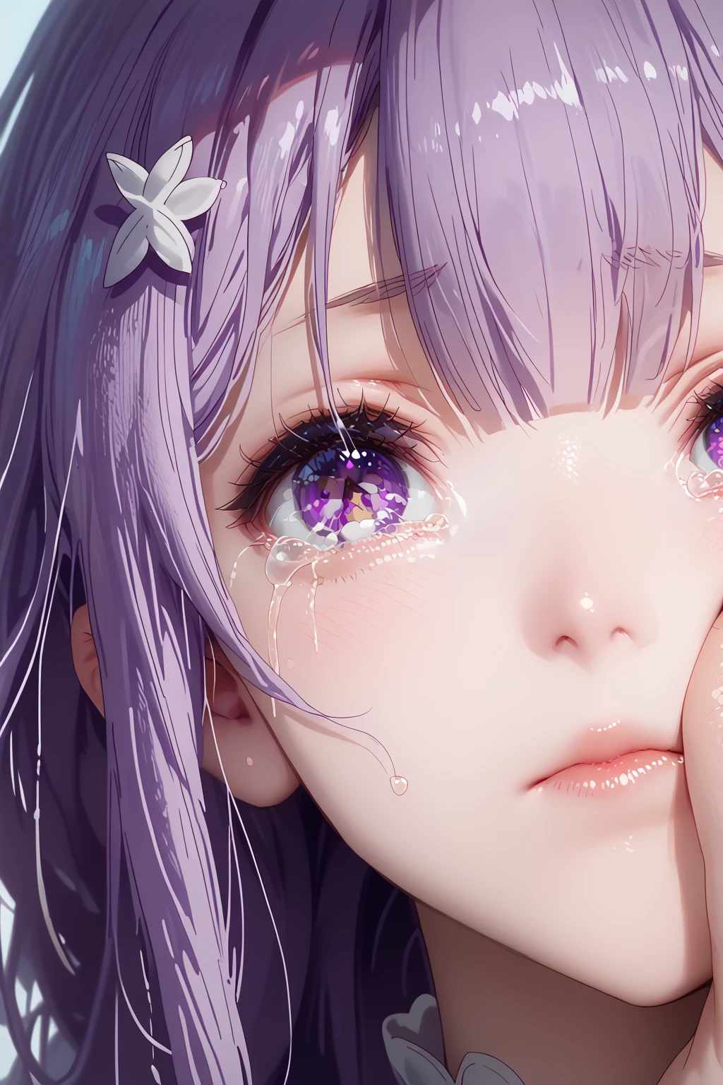 score_9,score_8_up,score_7_up,
emilia_(re:zero),re:zero_kara_hajimeru_isekai_seikatsu,1girl,purple_eyes,x_hair_ornament,face close-up,eye focus,looking_back,tears,wiping_tears,close one eye,