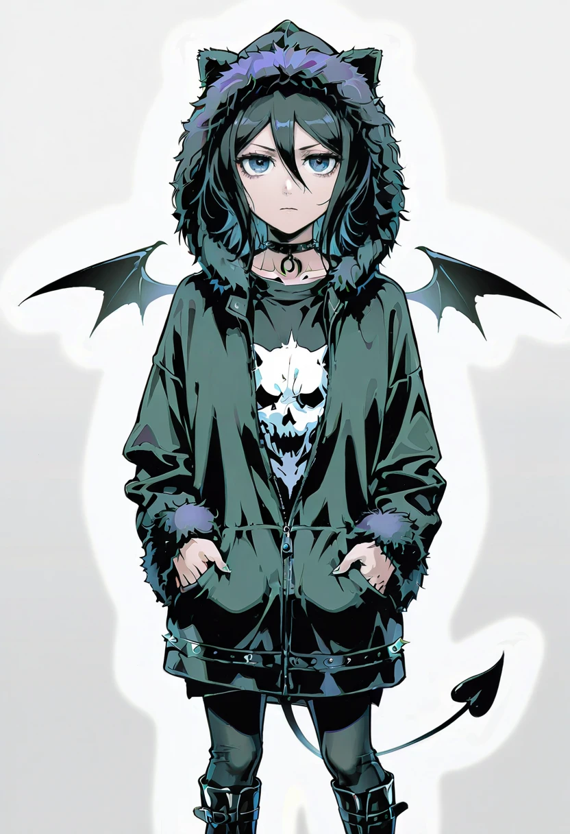 1girl,solo,looking at viewer,ikeda ruriko,y2k demon hoodie, hands in pockets, hood, boots, fur trim, jacket, animal hood, wings, demon tail,  kuchiki_rukia