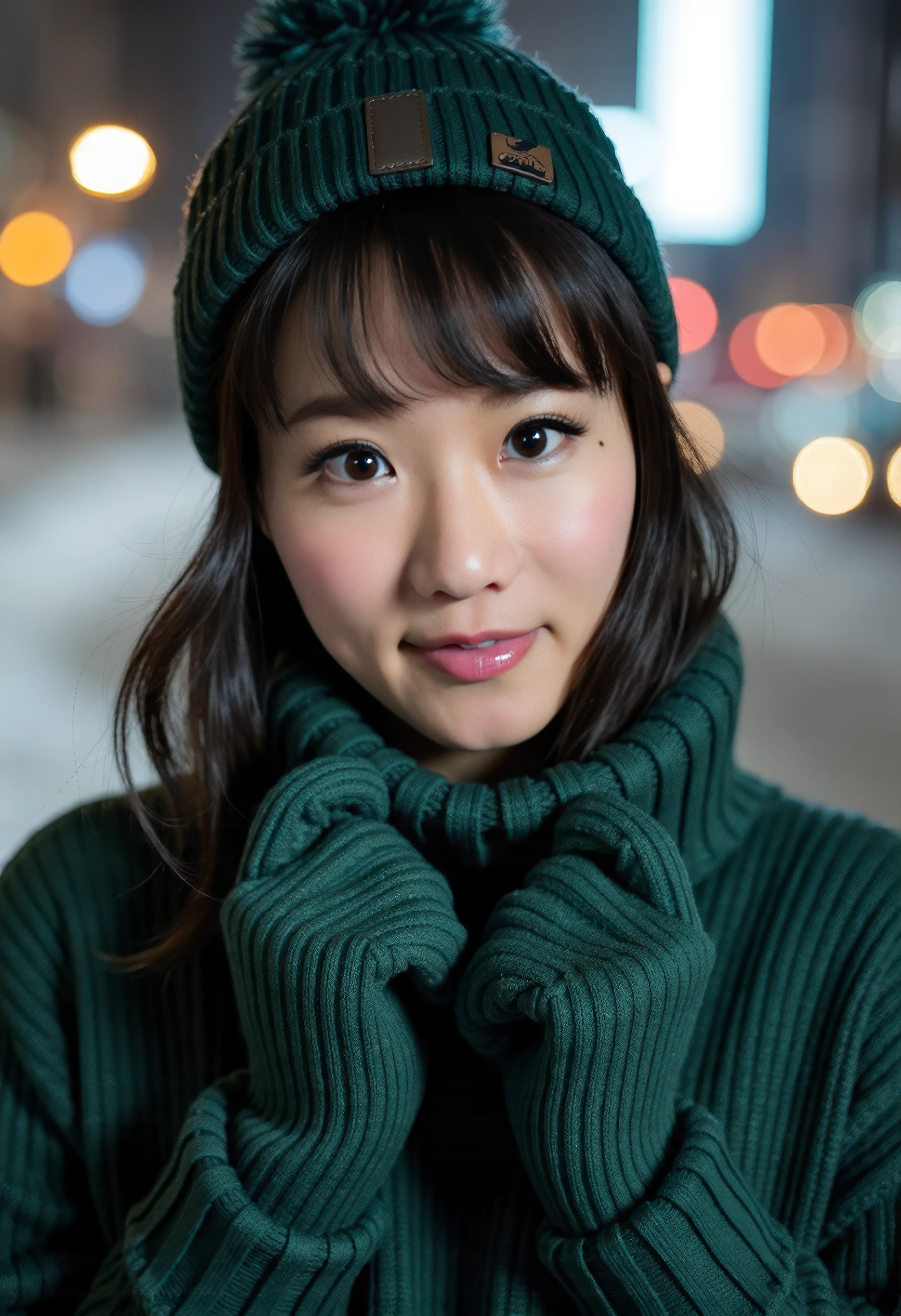 The image is a portrait of ShibuyaKaho woman posing for a photo ,She has short black hair,She is wearing a green sweater with a winter hat and winter gloves,She is outdoors in a snowy night. Upper body photo. She is looking at viewer. Amateur photography.She has a prominent chest. SFW