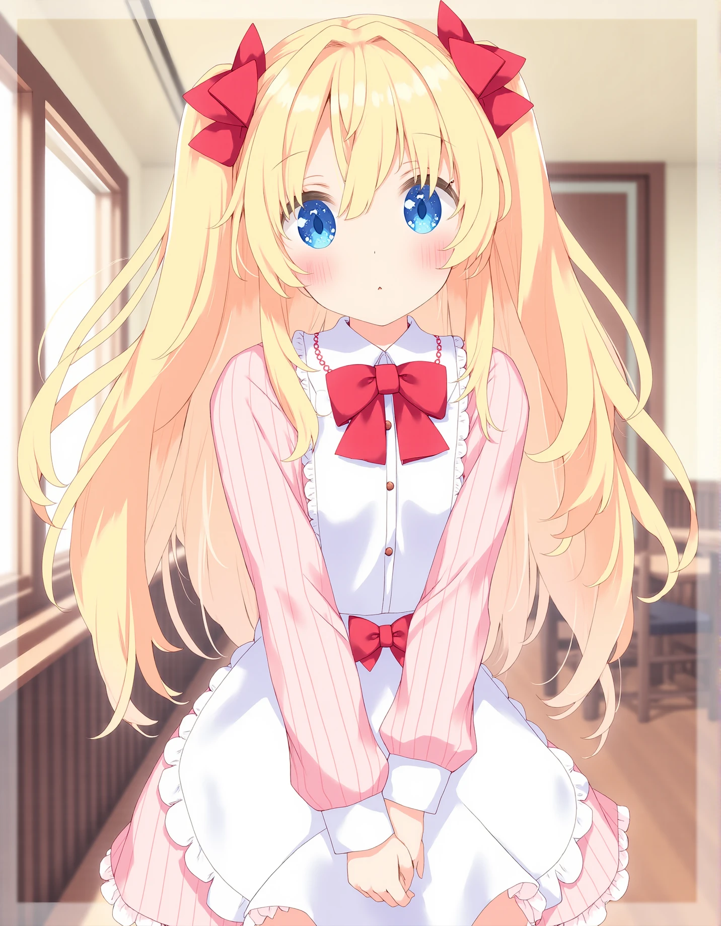 Drawn by kani biimu. A digital illustration, featuring a young girl with long, flowing blonde hair styled in twin tails, adorned with red ribbons. She has large, expressive blue eyes and a fair complexion. She is dressed in a pastel pink, long-sleeve, ribbed sweater with a white apron over it, featuring a large red bow at the front. The apron is trimmed with white lace and has a small red bow at the waist. A cafe interior is in the background. <lora:[Flux dev] kani biimu artist style_epoch_10:1>