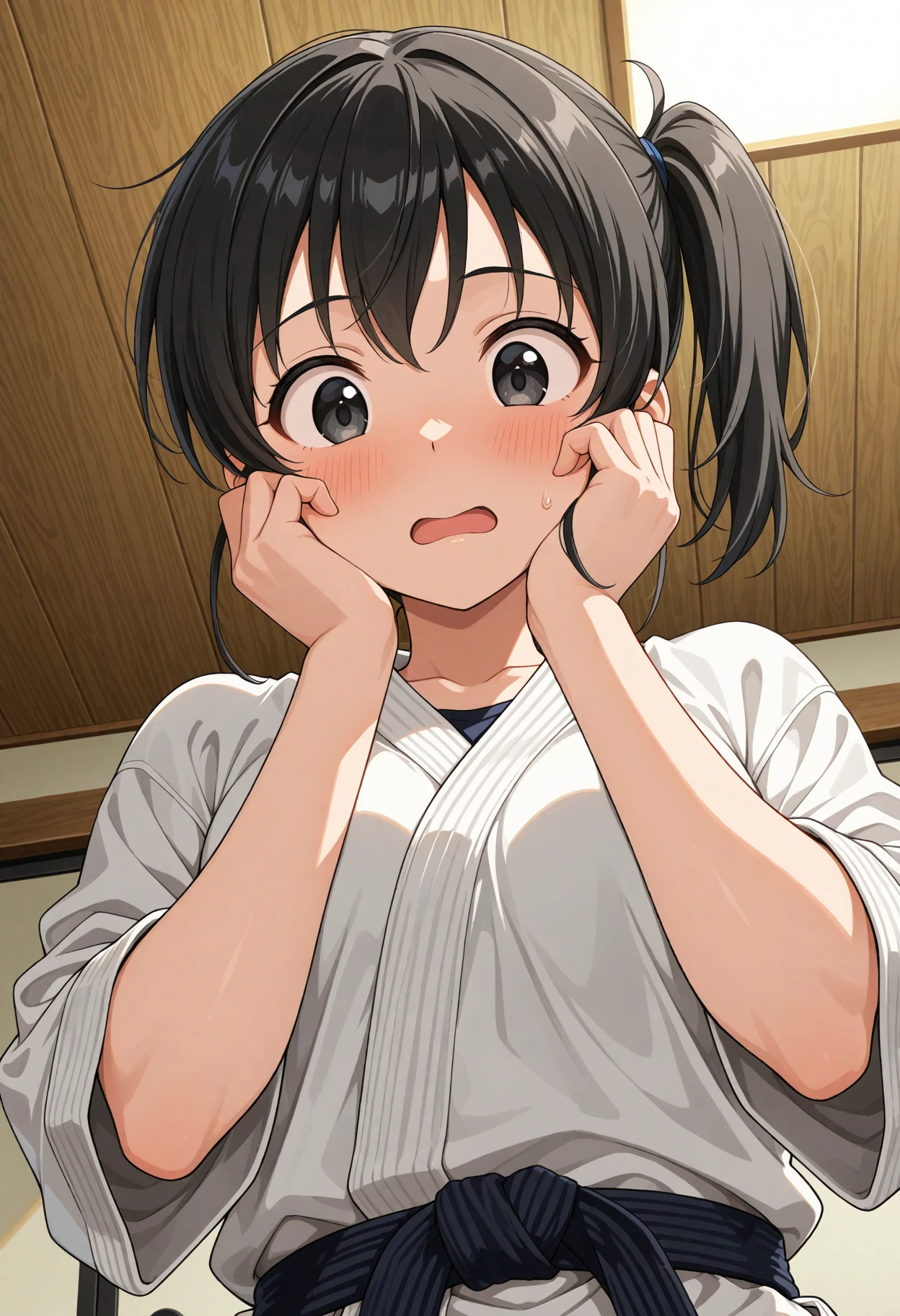 1girl, solo, black hair, side ponytail, black eyes, karate gi, medium breasts,  
hands on own cheeks, looking down, blush, surprised, embarrassed, open mouth, 
indoors, dojo, tatami, upper body, (from below:1.2), 
general, masterpiece, best quality, very aesthetic, absurdres, anime coloring,, <lora:dmd2_sdxl_4step:1>