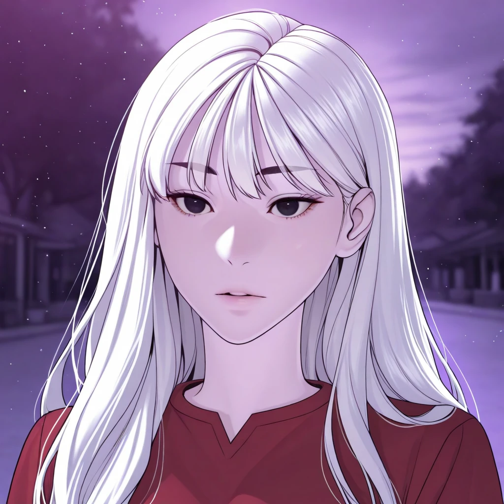 masterpiece, best quality, HTFVH, 1girl, solo, white hair, long hair, black eyes, red shirt, portrait,  <lora:HowToFightViralHit_illustrious_Leaf1:1>, outdoors,  purple theme, light particles,