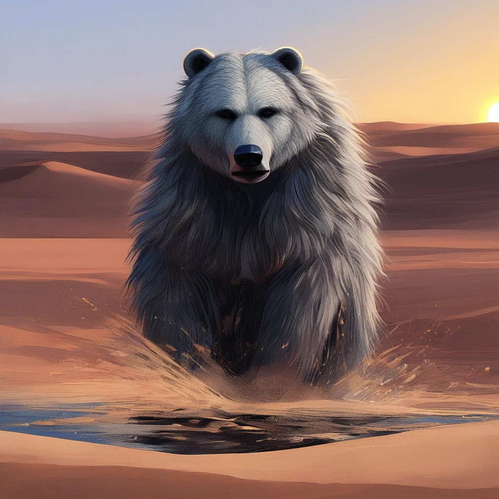 Alena Aenami art style of a polar bear in a desert with a bright shiny sun, oasis,water pound