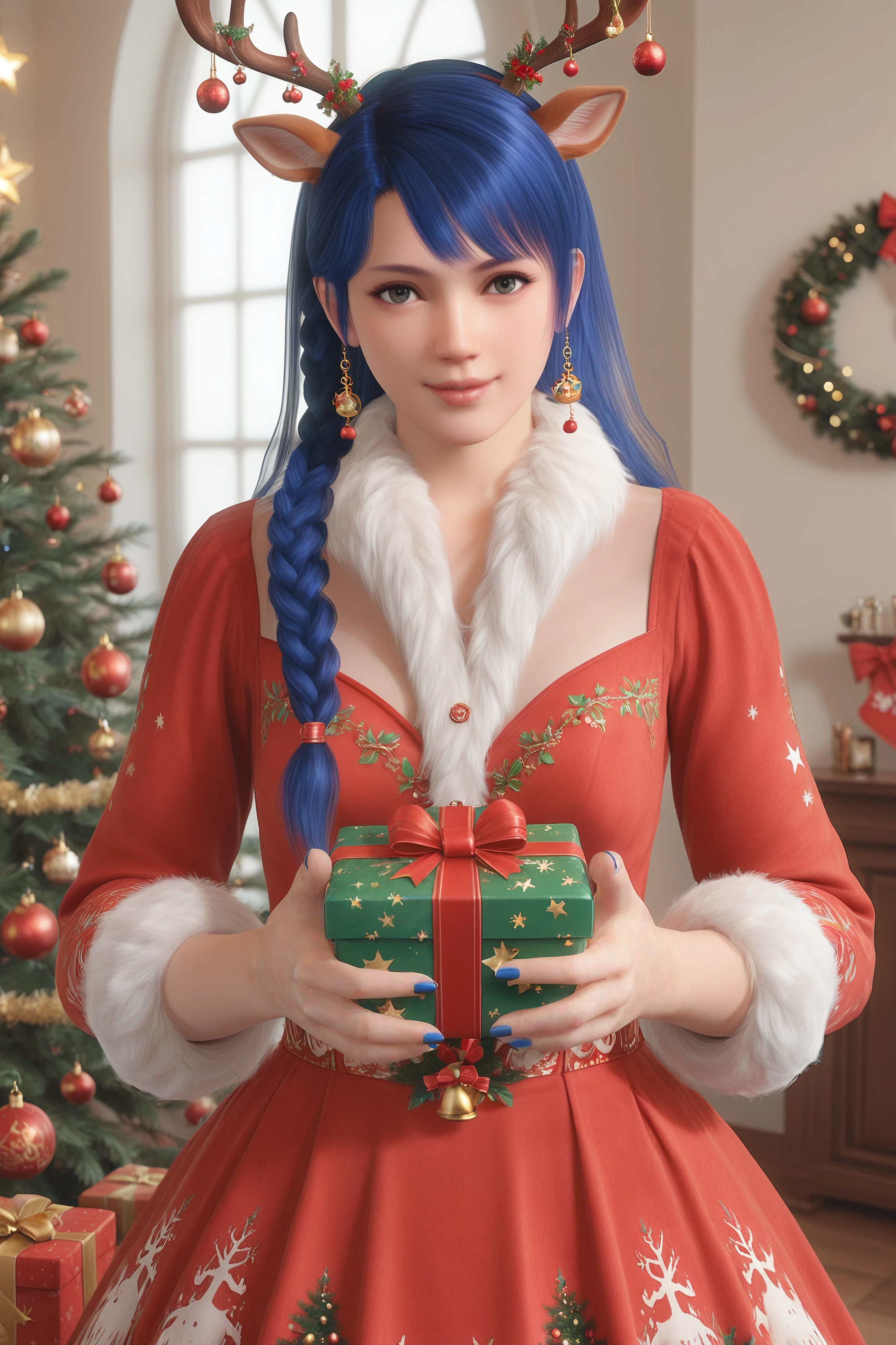 score_9,score_8,score_7_up,realistic,WRENCHSJOYFULJINGLE GOWN, FUR-TRIMMED DRESS, ANTLERS, DEER EARS,holding presents,
lobelia \(doa\), 1girl, solo,asymmetrical bangs,blue hair, long hair, single braid, side braid,upper_body, 
 <lora:wrenchsjoyfuljinglepdxl:0.7000000000000001> <lora:doa_lobelia_pdxl_v10:0.8>