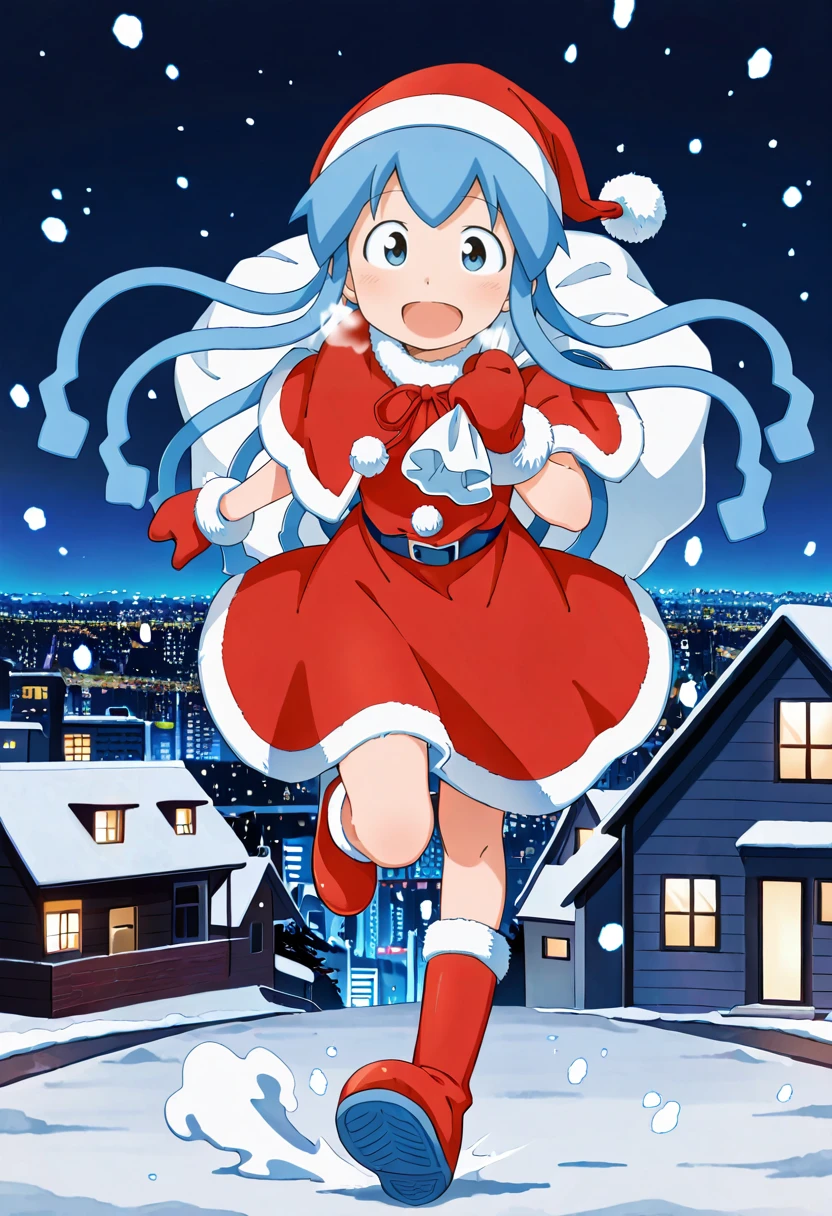 1girl, <lora:ikmsm_illustrious_v3:1> ikmsm, ikamusume, santa costume, (santa hat), (santa boots), big sack, (no_bleacelet:2), red mittens, 
smile, open mouth, breathing,
running, full body,
night city, house, winter, christmas, snowing, 
general, masterpiece, best quality, very aesthetic, absurdres,