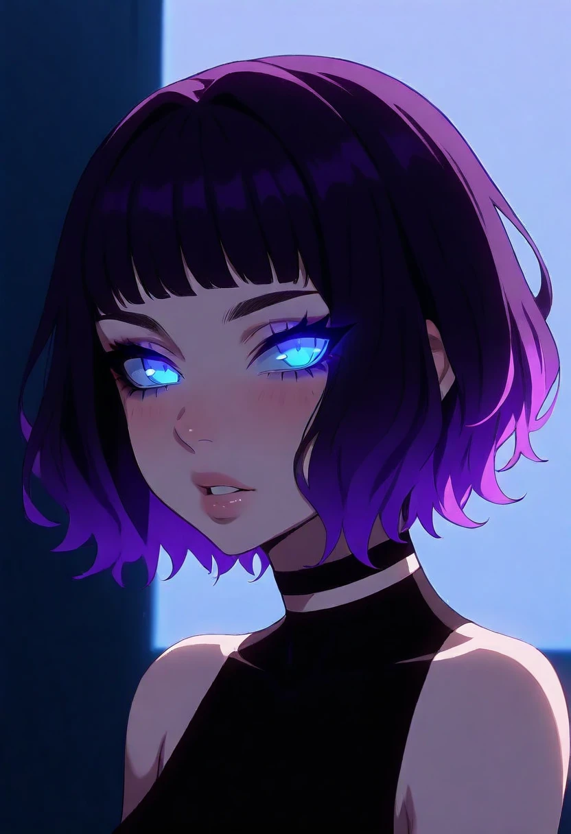 best quality, amazing quality, very aesthetic, absurdres, SHSLG, 1girl, solo, short hair, choker, glowing, blue eyes, glowing eyes, looking at viewer, portrait, bangs, lips, sleeveless, bare shoulders, black choker, purple hair, parted lips, black hair, upper body