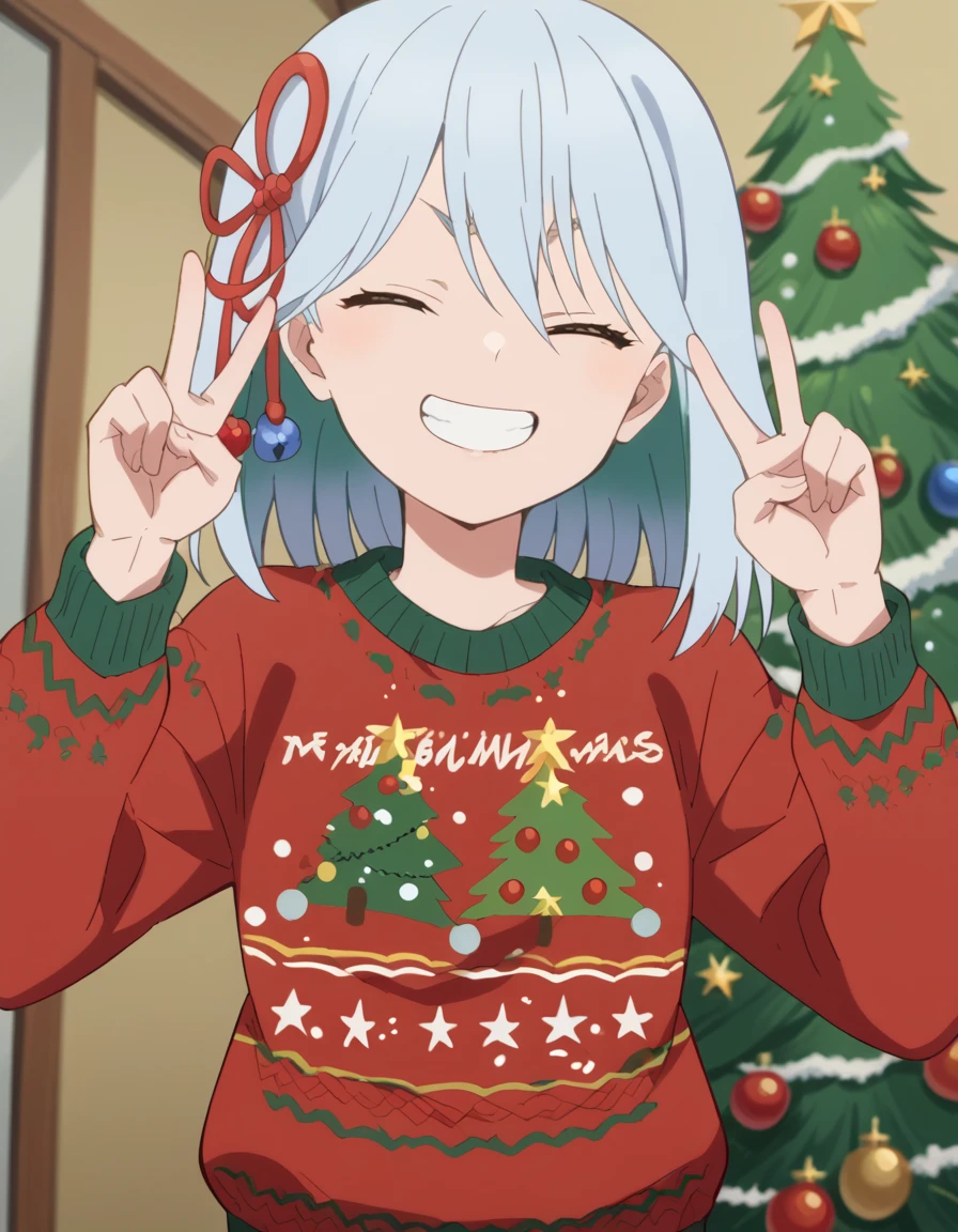 score_9, score_8_up, score_7_up, source_anime, <lora:asahi-amagami-s1-ponyxl-lora-nochekaiser:1>, asahi amagami, blue eyes, blue hair, white hair, hair ornament, anime screencap,, <lora:christmas-sweater-ponyxl-lora-nochekaiser:1>, christmas sweater, christmas, ugly sweater, print sweater, red sweater, christmas tree, christmas ornaments, sweater, multicolored sweater, , v, smile, hands up, teeth, closed eyes, cowboy shot,, , dutch angle, cowboy shot