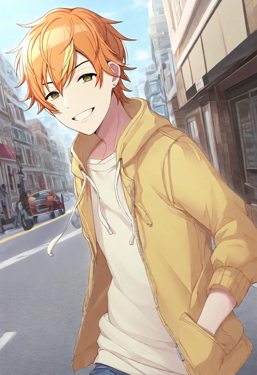 masterpiece, high res, 1boy, solo, shinonome_akito, casual outfit, smile, looking at viewer, jacket, street, grafitti, day