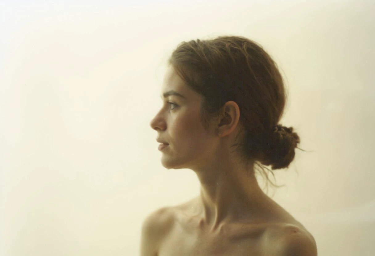 an aesthetic, minimalist depiction of a female profile in side view. The focus is on the soft contours and calm, monochromatic tones. The scene feels mystical and dreamy, almost as if viewed through a delicate mist, with gentle light accentuating the silhouette. The background is diffuse and creamy white, drawing attention to the elegant simplicity of the figure.