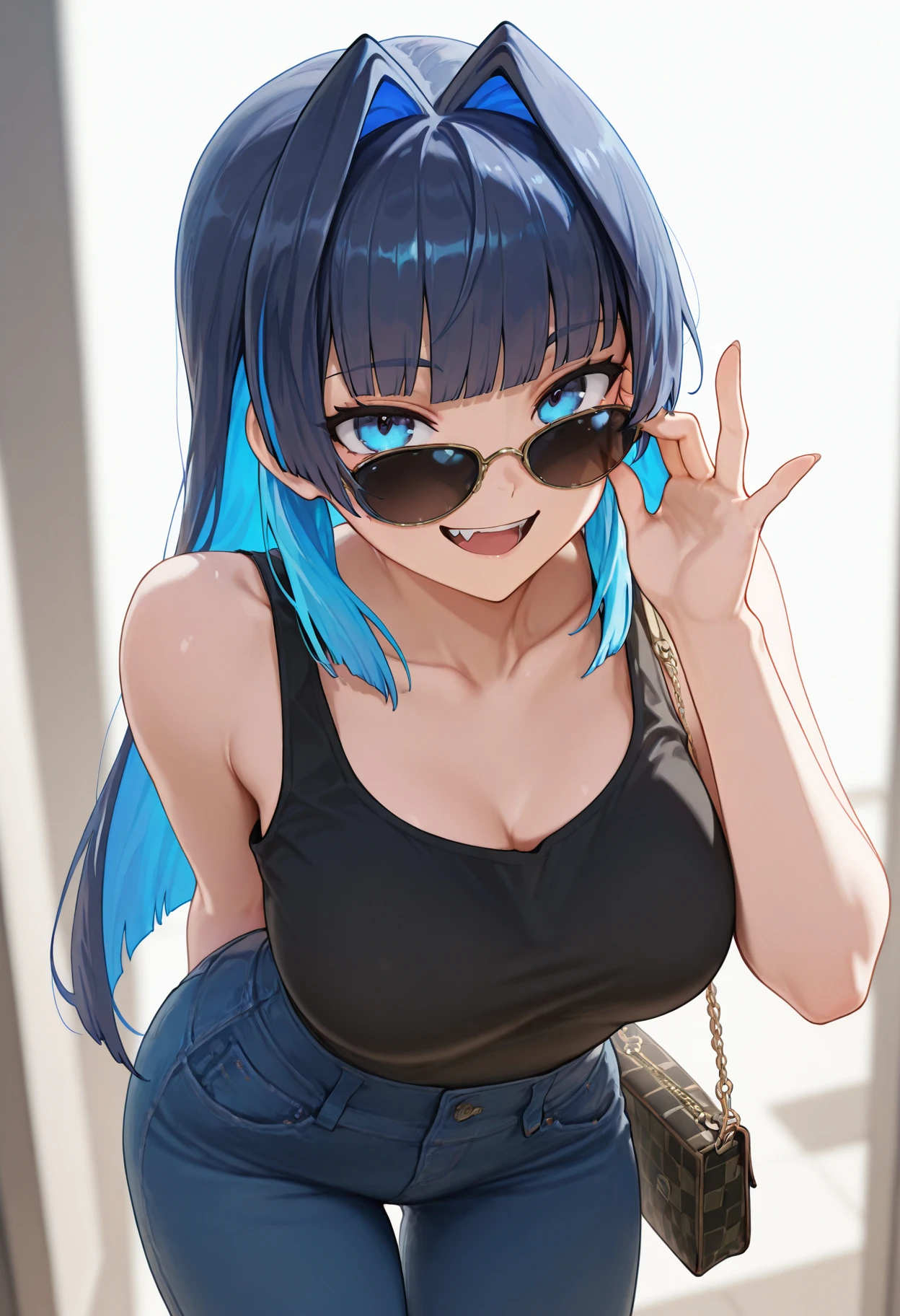 masterpiece, best quality, amazing quality,  
 <lora:kroniIL-10:1>, kroniiIL, 1girl, adjusting eyewear, arm behind back, bag, black tank top, blue eyes, blue hair, blunt bangs, breasts, collarbone, colored inner hair, denim, fang, hair intakes, handbag, jeans, leaning forward, looking at viewer, medium breasts, multicolored hair, open mouth, pants, round teeth, smile, sunglasses, tank top, teeth,