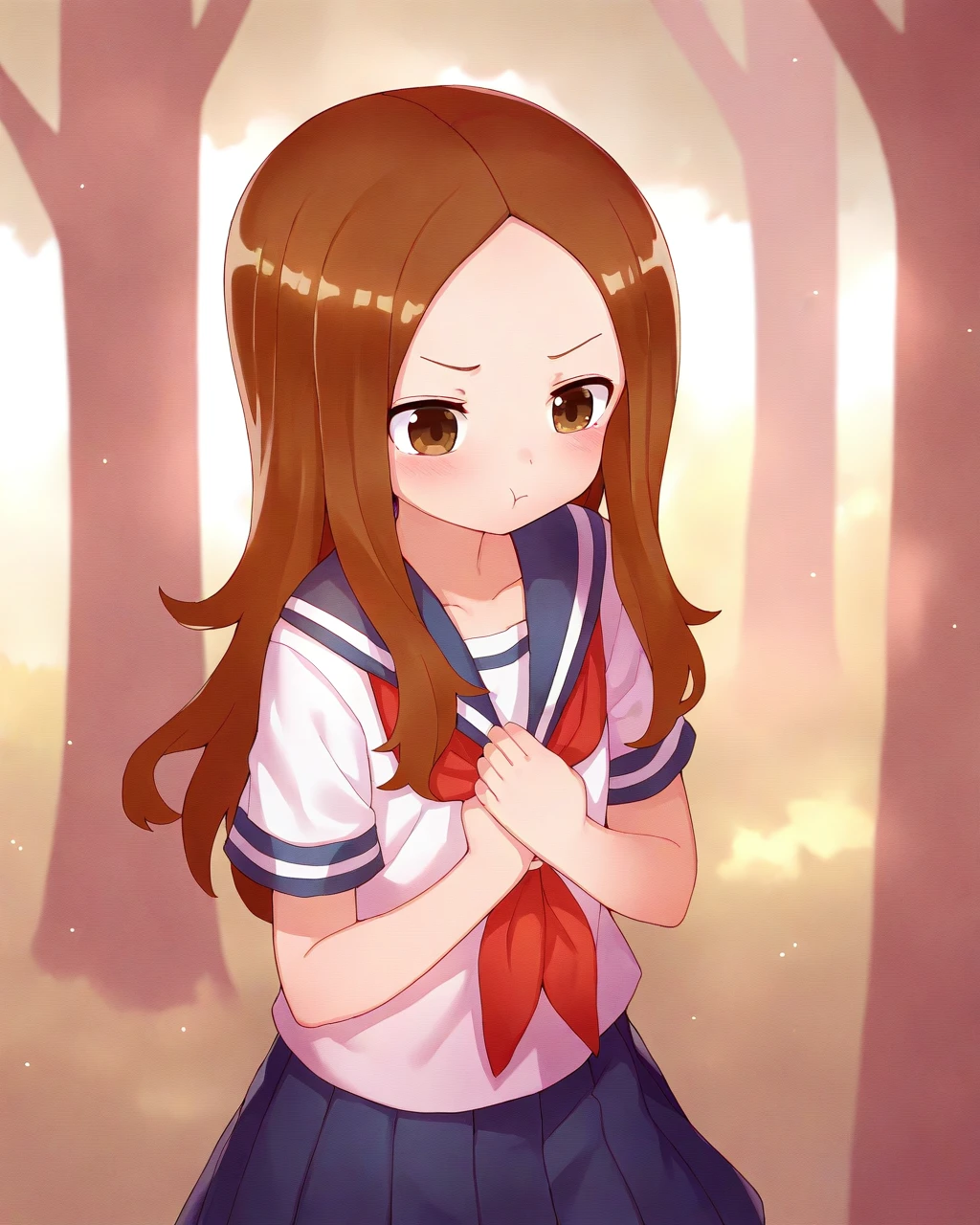 masterpiece, best quality, female child, tsubasachyan, 1girl, solo, takagisan, school uniform, white shirt, red neckerchief, blue skirt, pouting, hands on own chest, hands together, forest