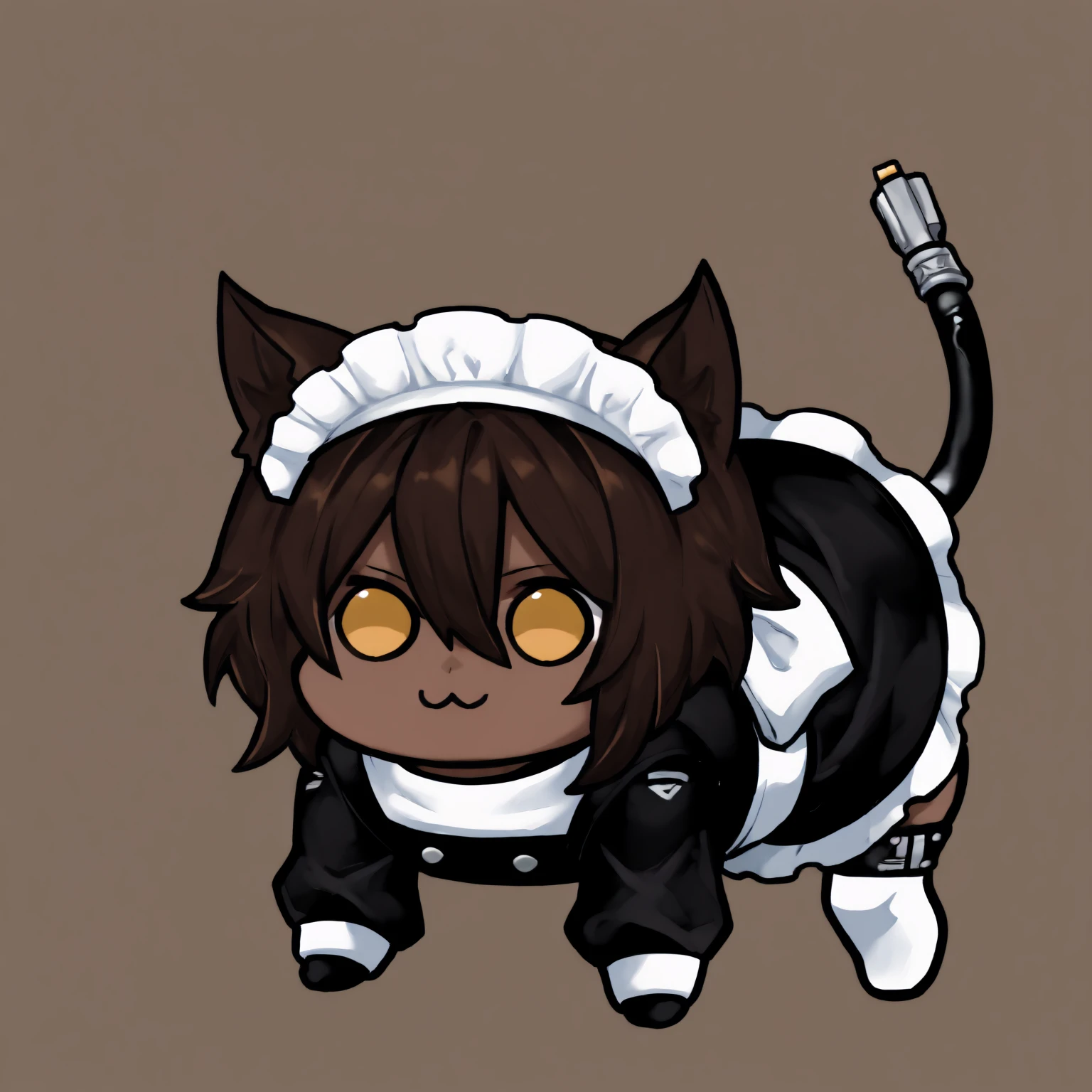 masterpiece, best quality, 1girl, dark-skinned female, hair ears, yellow eyes, short hair, dark brown hair, hair between eyes, cable tail, tail ring,
maid, maid headdress, enmaided, 
<lora:doro_xypher_ixl_v1:1.0>, doro, :3, chibi, no pupils, solid circle eyes, full body, all fours,
simple background, 
<lora:Mao-YOTARo-NoobAi-1.1_V1-Manityro-CAME:1.0>