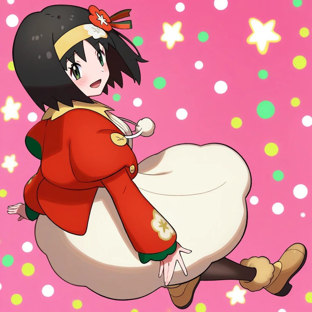 (1girl, solo,), jumping, full_body, close-up, stars, hearts, christmas_background, smiling, blush, holerika, erika_\(pokemon\), black_hair, short_hair, bangs, hairband, yellow_hairband, long_sleeves, official_alternate_costume, dress. white_dress, jacket, red_jacket, floral_print, long_dress, pantyhose, black_pantyhose, brown_footwear, masterpiece,best quality,amazing quality,very aesthetic,high resolution,ultra-detailed,absurdres,newest,volumetric lighting
