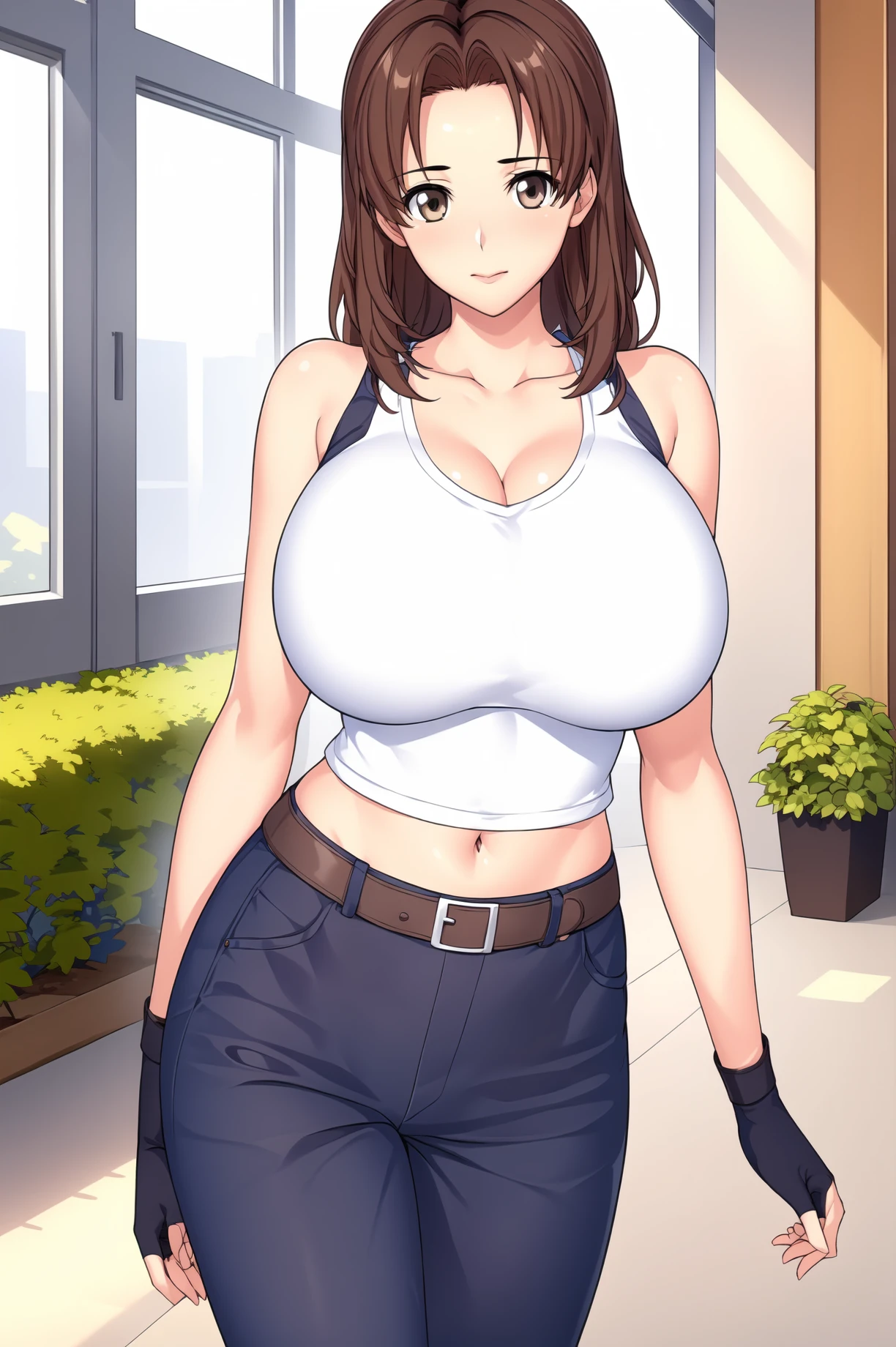 Indoors,
dynamic pose,standing at attention,
White_Tank_tio, collarbone, cleavage, sleeveless, Navel, Blue_jeans, bare shoulders, bare arms, 
<lora:Friendly_ZMilf_KK77-KK77-V1:0.7>, Friendly_ZMilf_KK77, fingerless gloves,
brown eyes, brown hair,bangs,Long hair,Makeup, red lipstick, 
<lora:more_details:0.1>,<lora:NovelAI_YesMix5_KKStyle-KK77-Yes5-V1:0.3>,<lora:Oda_Non_Style2-KK77-Yes5-V1:0.3>,
1 girl, 20yo,Young female,Beautiful long legs,Beautiful body,
Beautiful Nose,Beautiful character design, perfect eyes, perfect face,expressive eyes,perfect balance,
looking at viewer,(Focus on her face),closed mouth, (innocent_big_eyes:1.0),(Light_Smile:0.3),
official art,extremely detailed CG unity 8k wallpaper, perfect lighting,Colorful, Bright_Front_face_Lighting,White skin,
(masterpiece:1.0),(best_quality:1.0), ultra high res,4K,ultra-detailed,
photography, 8K, HDR, highres, absurdres:1.2, Kodak portra 400, film grain, blurry background, bokeh:1.2, lens flare, (vibrant_color:1.2),professional photograph,
(Beautiful,large_Breasts:1.4), (beautiful_face:1.5),(narrow_waist),