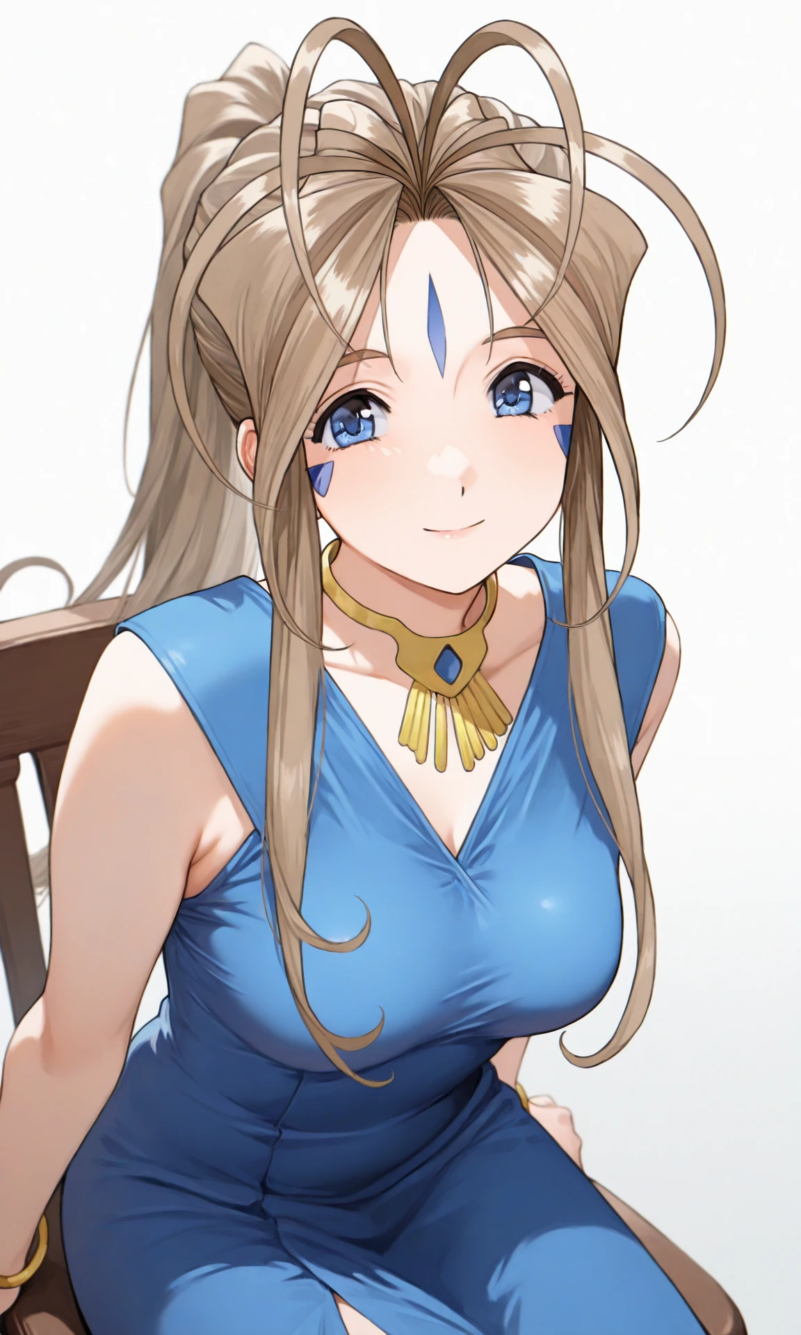 1girl, (Belldandy), smile, dress, medium breasts, blue dress, looking at viewer, sleeveless, sleeveless dress, jewelry, bracelet, tight clothes, sitting on chair, chair, simple background, looking at viewer (high resolution), ((masterpiece)), (best quality), (very aesthetic), aesthetic, illustration