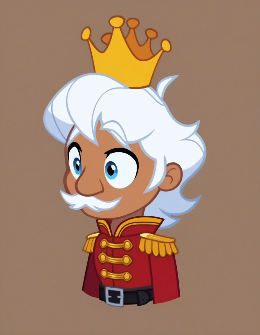 King_StrongbottomSML, solo, blue eyes, long sleeves, 1boy, upper body, white hair, male focus, belt, cape, crown, epaulettes, white mustache, red outfit underneath black shirt, king, yellow crown, tan skin, screencap