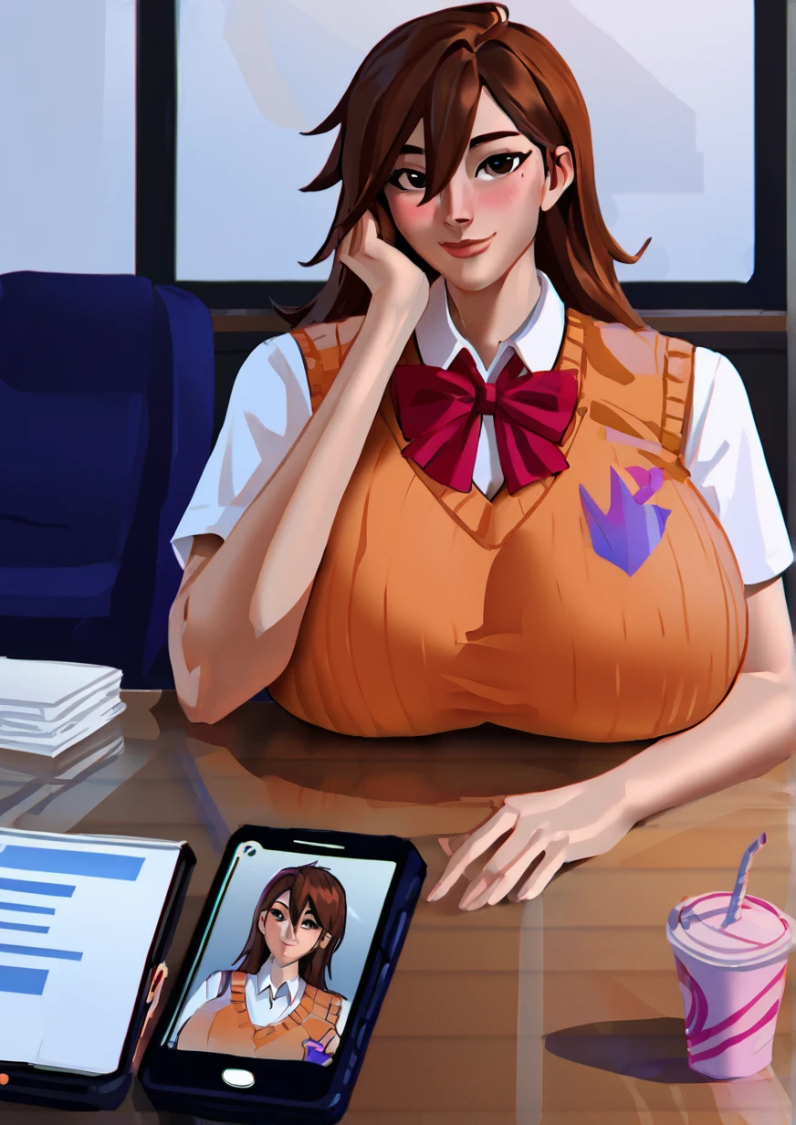 1girl, huge breast, aeon (retailer), arm support, blush, bow, brown eyes, brown hair, cellphone, chair, closed mouth, cup, disposable cup, drinking straw, french text, hair between eyes, head rest, indoors, long hair, looking at viewer, phone, pov across table, red bow, reflection, school uniform, shirt, short sleeves, sitting, smartphone, smile, solo, sweater vest, table, white shirt,  zPDXL3<lora:Breast Slider - Pony_alpha1.0_rank4_noxattn_last:3> <lora:HandFixer_pdxl_Incrs_v1:1>   <lora:Luzdanaee:1>