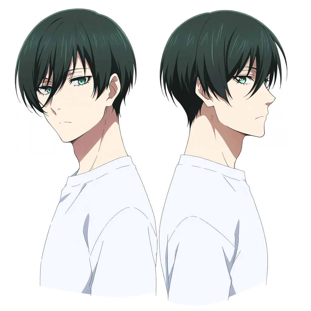 score_9, score_8_up, score_7_up, source_anime, highres, (masterpiece, best quality,cinematic lighting, (anime, anime coloring:1.3),1boy,solo,male focus,looking at viewer,itoshi rin,black hair,green eyes,short hair,hair between eyes,multiple views,reference sheet,simple background,white background,front view,from behind,from side,outline