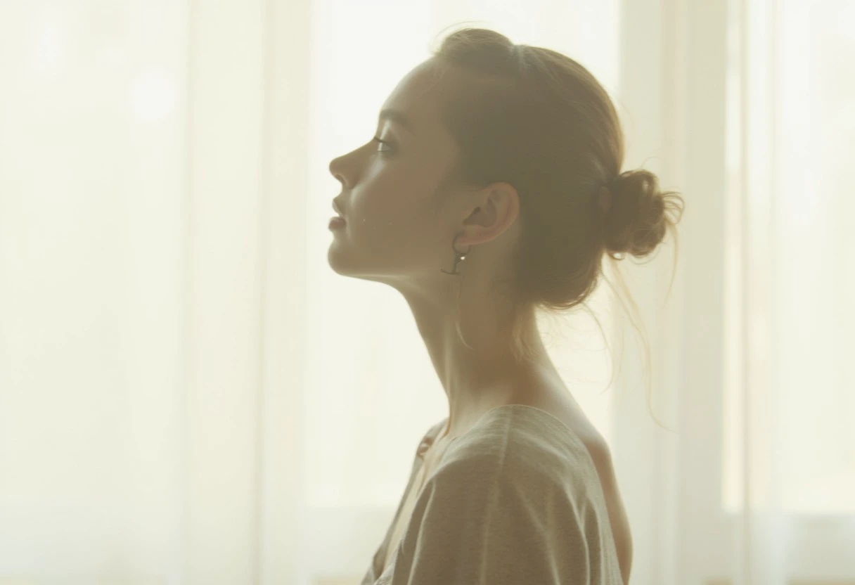 an aesthetic, minimalist depiction of a female profile in side view. The focus is on the soft contours and calm, monochromatic tones. The scene feels mystical and dreamy, almost as if viewed through a delicate mist, with gentle light accentuating the silhouette. The background is diffuse and creamy white, drawing attention to the elegant simplicity of the figure.