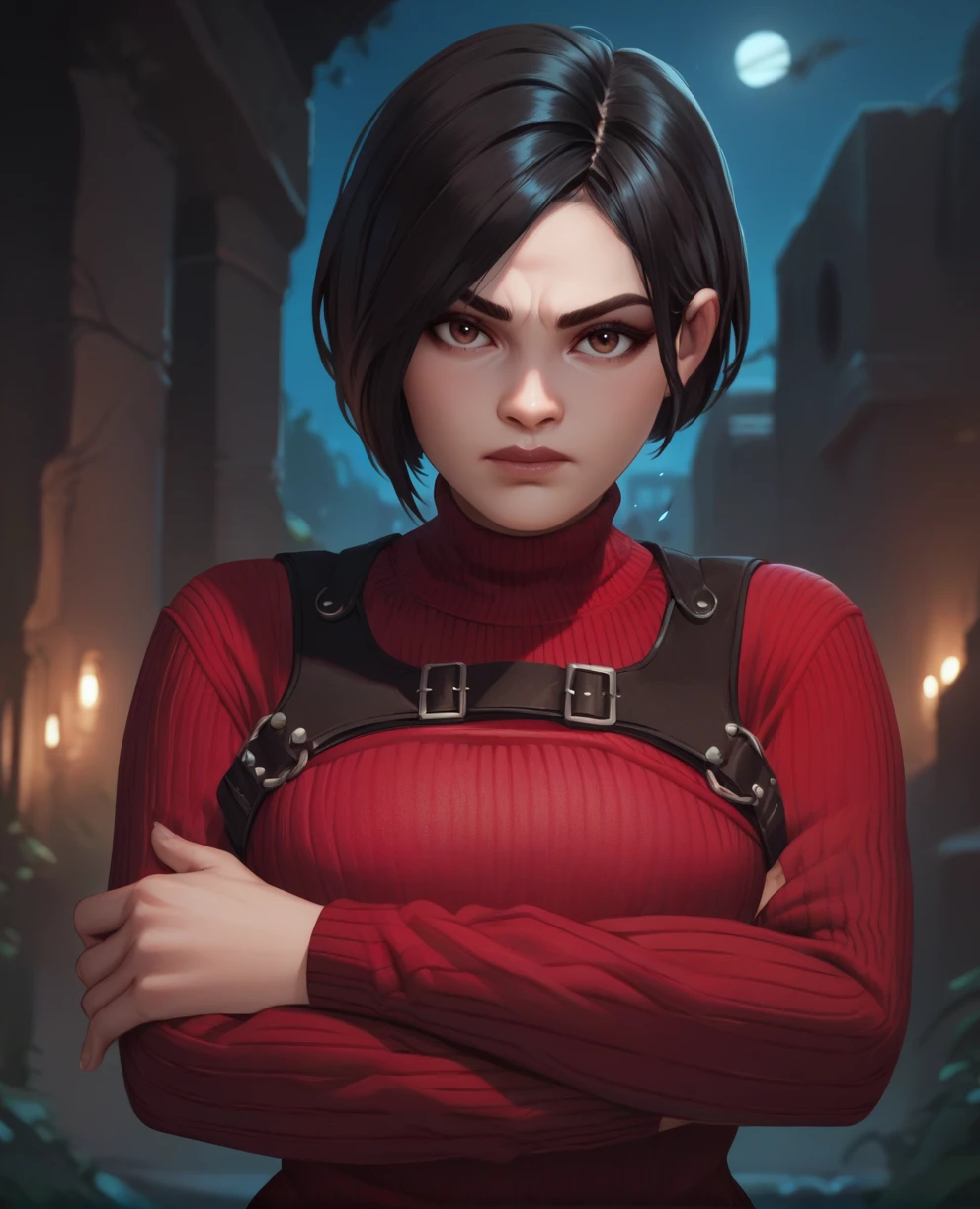 score_9,score_8_up,score_7_up,score_6_up,score_5_up,score_4_up,
adwngxl,black hair,brown eyes, looking at viewer, 
red sweater,harness,crossed arms,
standing,  upper body, 
night,outdoors,ruins,<lora:AdaWong4XL:0.9>,