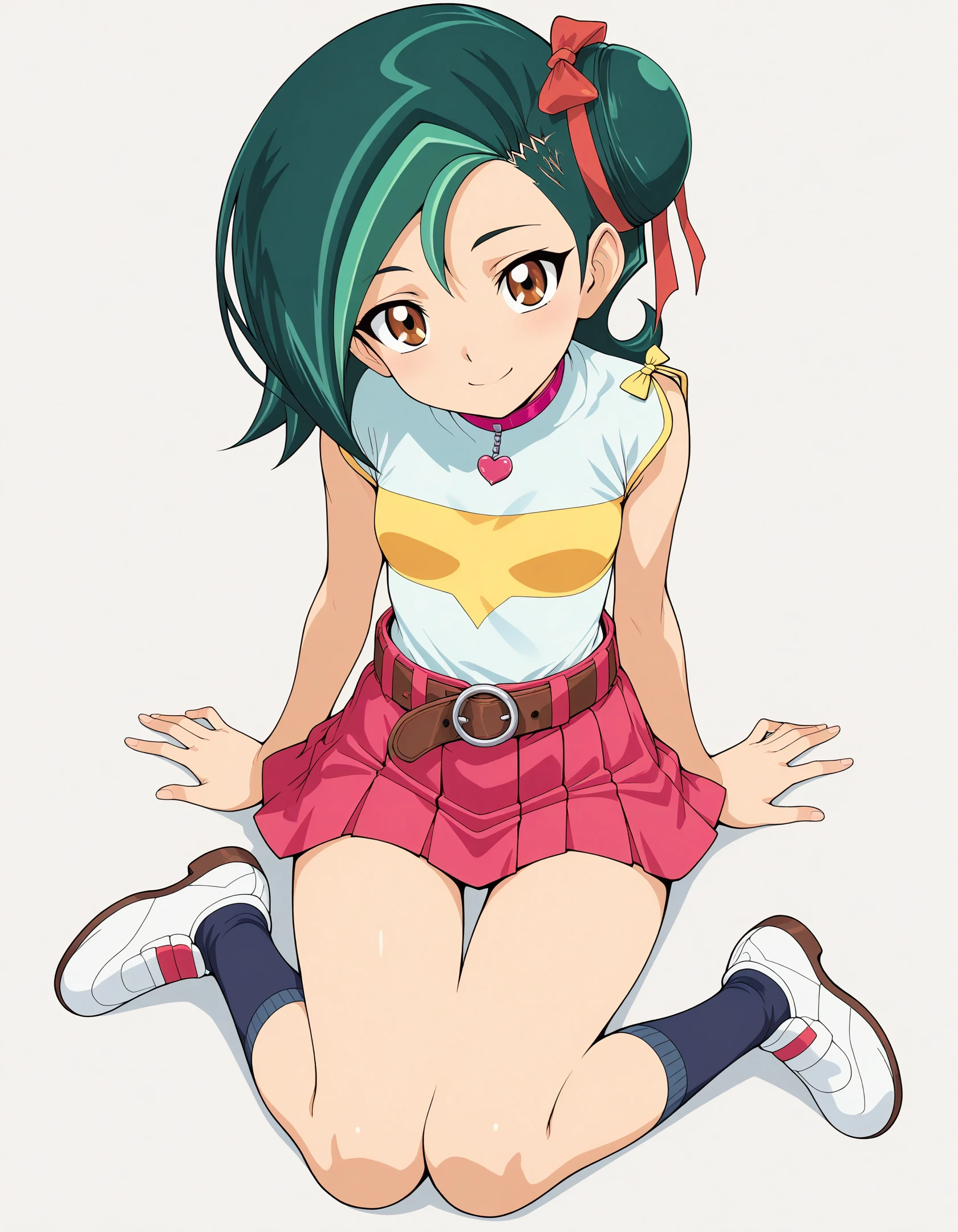 masterpiece, best quality, high resolution, absurdres, newest,1girl,solo,kubo tite  \(style\), explicit,(flat color:1.2),
<lora:MizukiKotori_casual_ill:1>,
toricasual,short hair,1girl,green hair,two-tone hair,multicolored hair,hair bun,single hair bun,hair ribbon,brown eyes,pink choker,jewelry,sleeveless shirt,multicolored shirt,pink skirt,short skirt,brown belt,dark blue socks,socks,white shoes,
smile,head tilt, 
sitting on ground, thigh gap,
small breasts,
simple background,white background,  <lora:AntiglazeSerum_rev5:0.7> ,