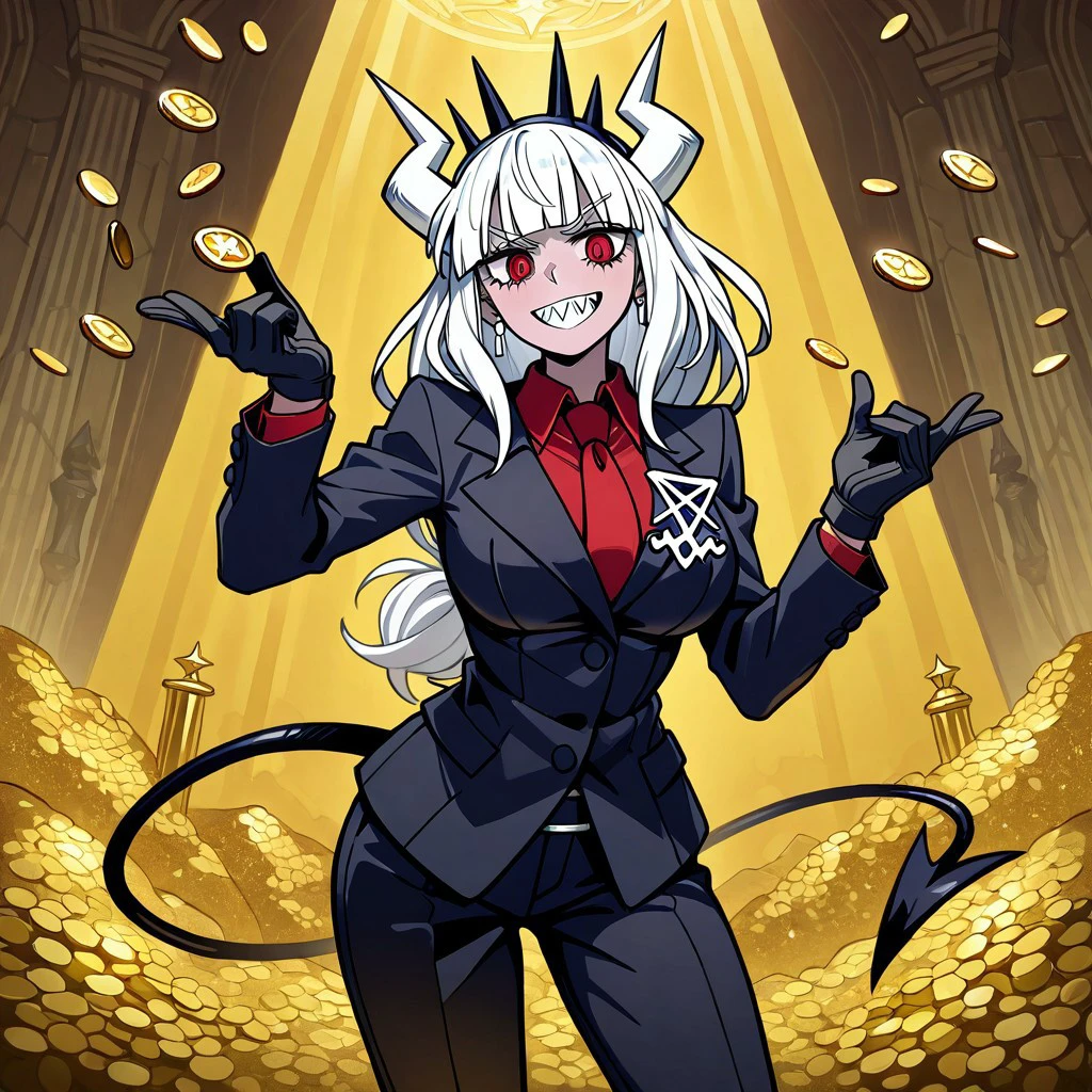 masterpiece, best quality, newest, absurdres, highres, treasury, treasury-background, background, gold tresure, golden coins, coins, gold, tresurę chest, jewelry, 1girl, solo, lucifer \(helltaker\), black suit, red necktie, black collared shirt, black gloves, blunt bangs, demon horns, demon girl, demon tail, sharp teeth, red eyes, white hair, long hair