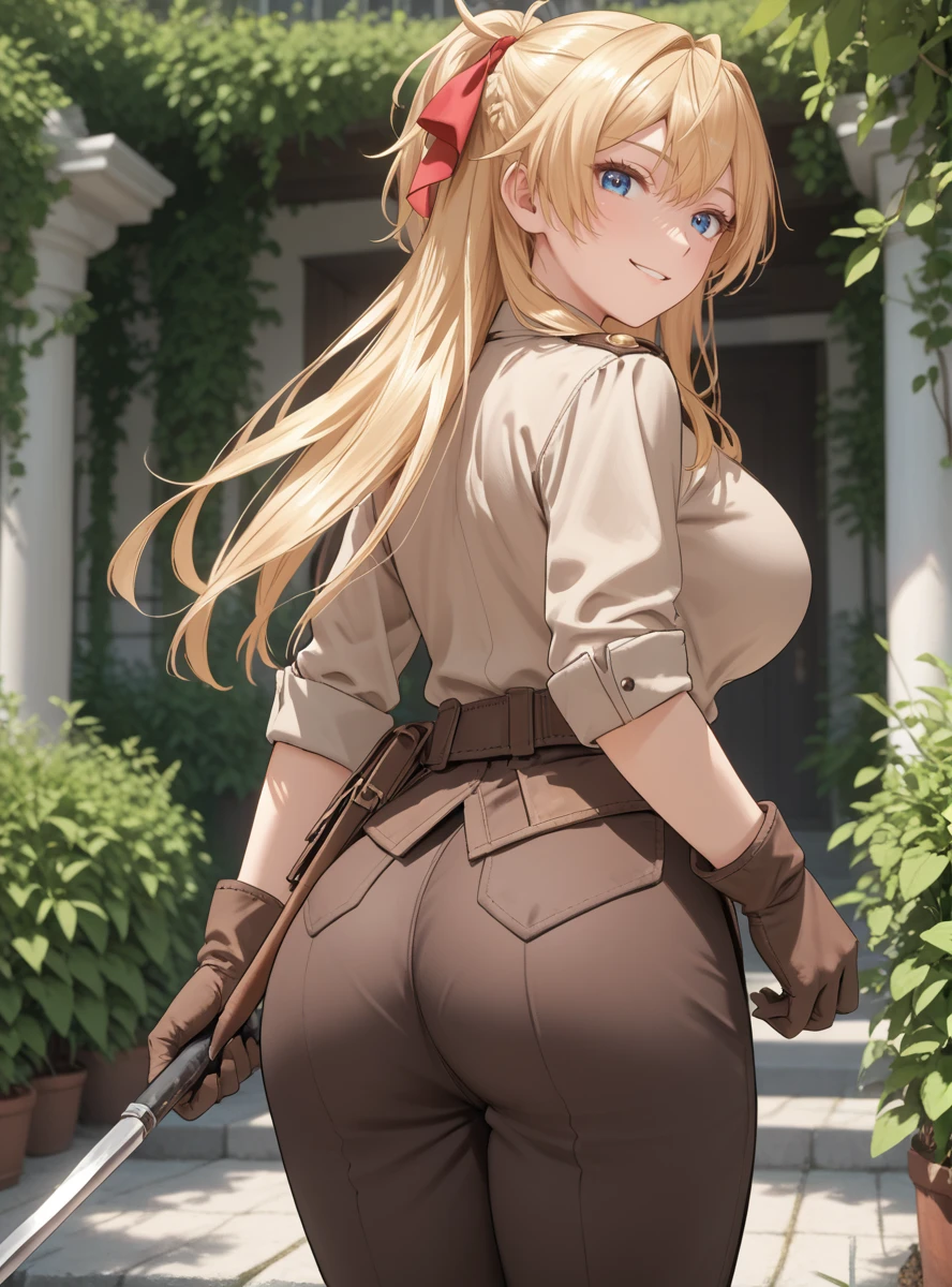 score_9_up, score_8_up, score_7_up, (Anime_source), in garden, looking at viewer, (4k), (facing viewer:1.5), light smile, big breasts, (large breasts:1.4)  <lora:Anastasia_-_Chounin_A_wa_Akuyaku_Reijou_wo_Doushitemo_Sukuitai-PONY-Kaleid:0.8> anastacia, 1girl, long hair, blonde hair, blue eyes, hair ribbon, large breasts, gloves, pants, brown pants, brown shirt, looking back, from behind, ass,  red ribbon